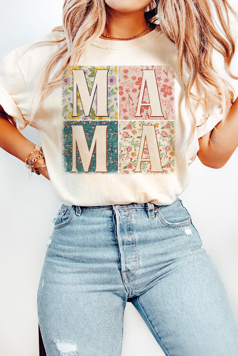 White MAMA Floral Block Graphic Casual T Shirt - loveforevers