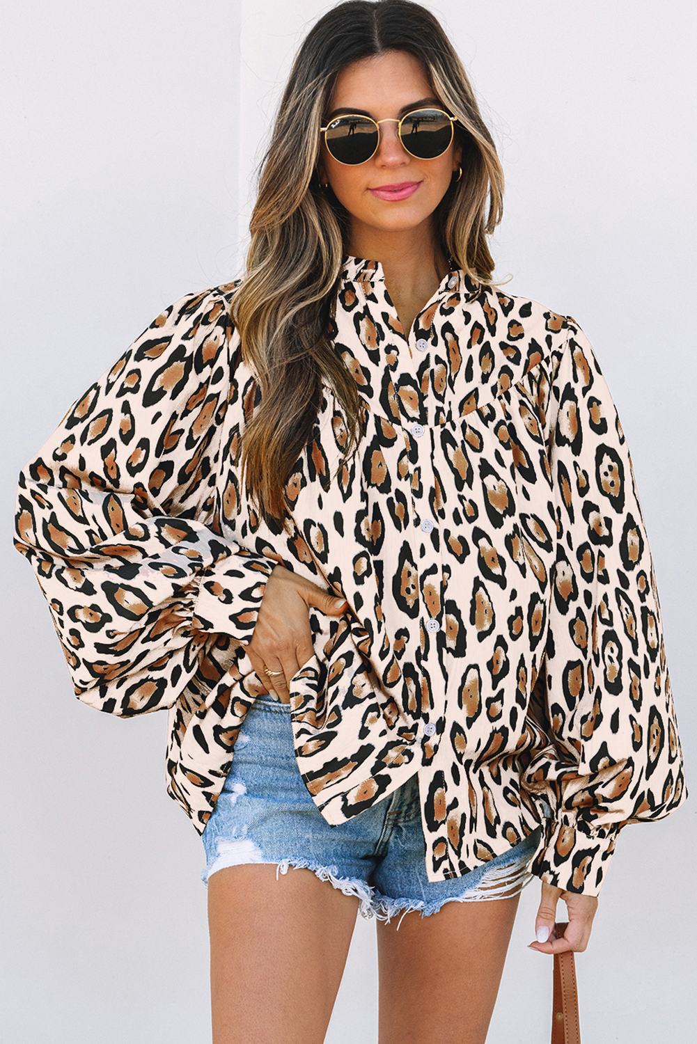 Oversized Leopard Print Balloon Sleeve Casual Shirt - loveforevers