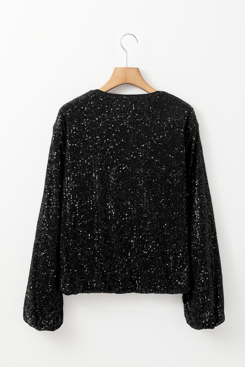 Black Sequin Zip up Round Neck Long Sleeve Jacket - loveforevers