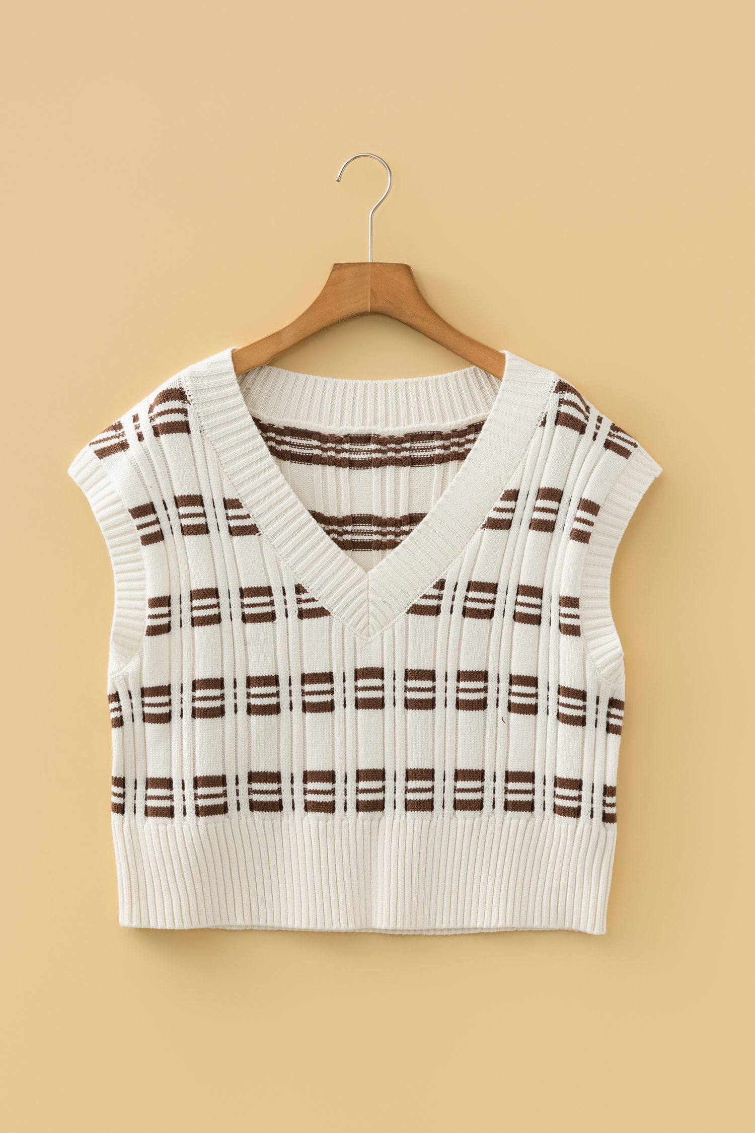 White Contrast Geometric Textured Knit V Neck Cropped Sweater Vest - loveforevers