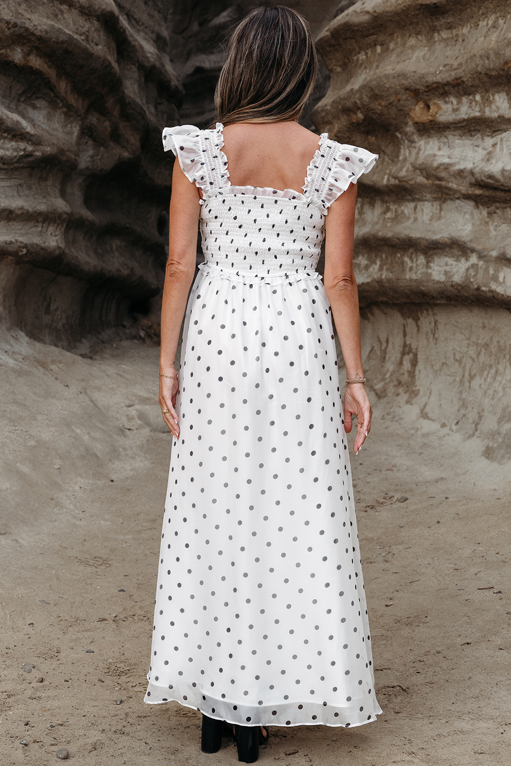 White Polka Dot Flutter Sleeve Square Neck Smocked Maxi Dress - loveforevers