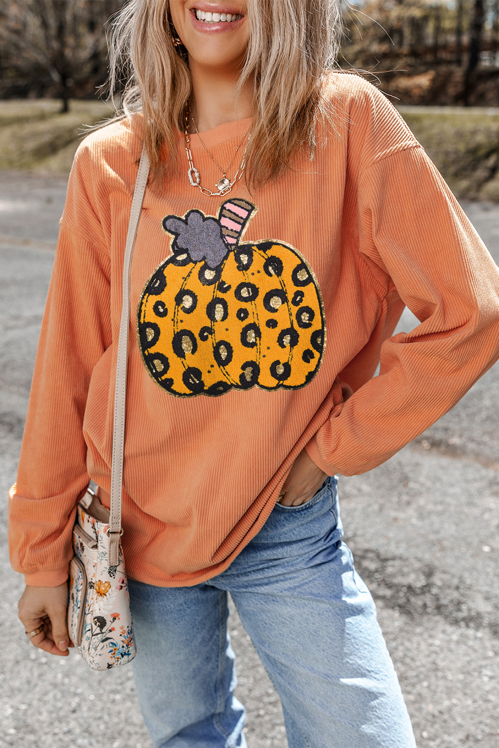 Orange Halloween Leopard Pumpkin Patchwork Ribbed Sweatshirt - loveforevers