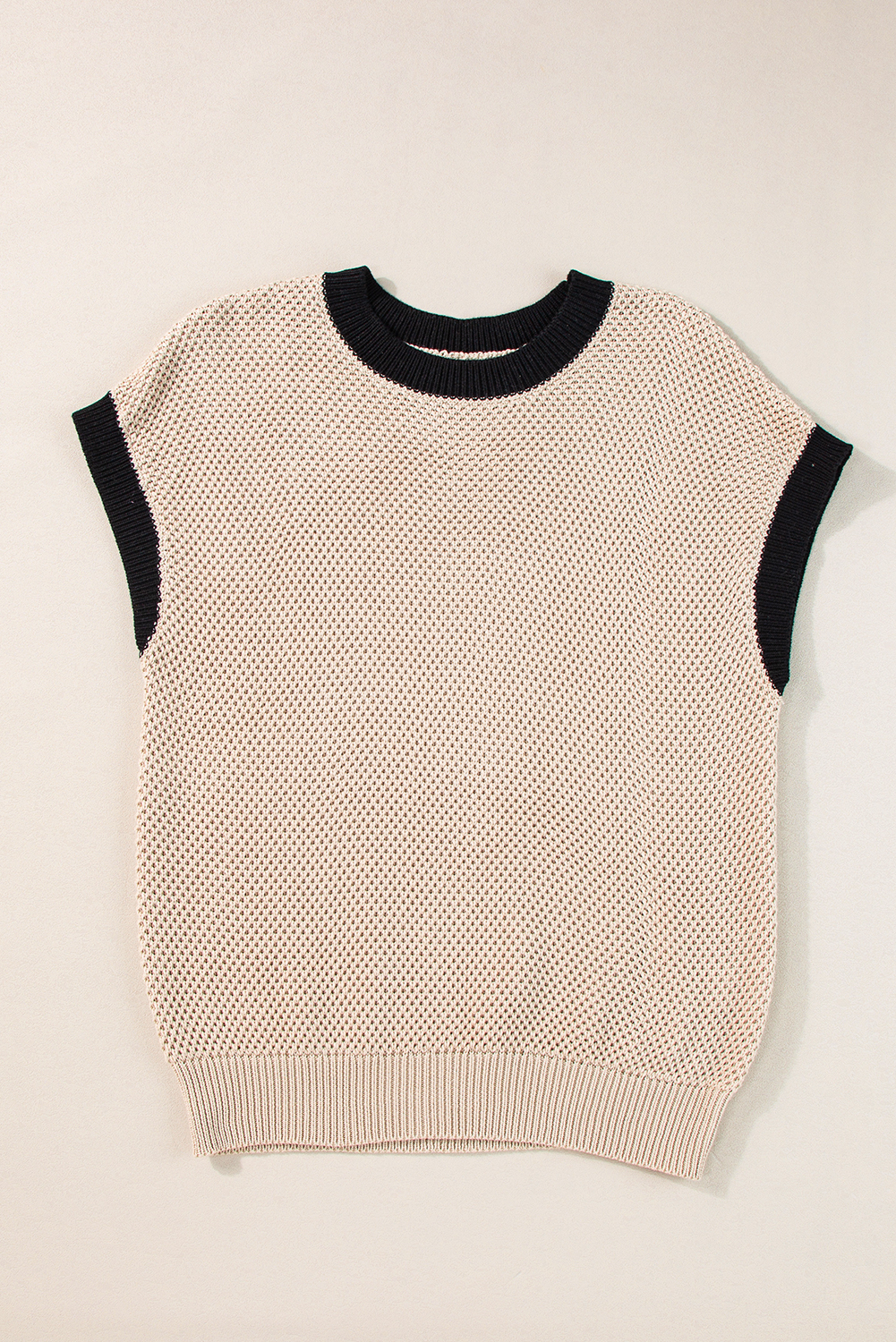 Light French Beige Contrast Trim Round Neck Batwing Sleeve Sweater Top - loveforevers
