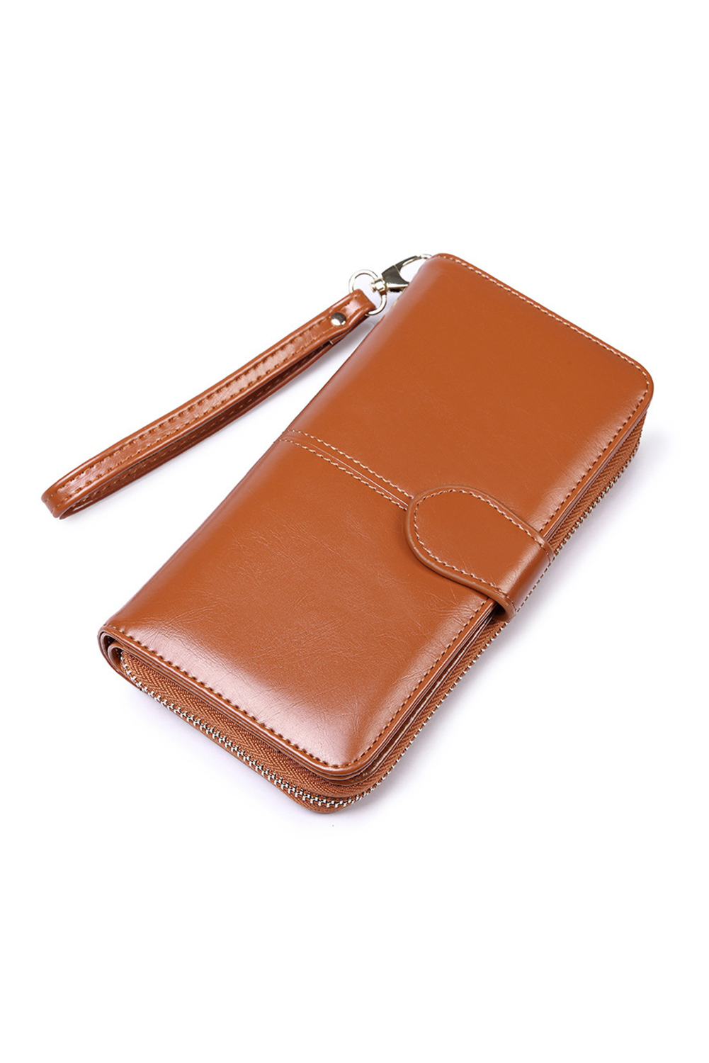 Cinnamon Faux Leather Zip Around Wrist Strap Long Wallet - loveforevers