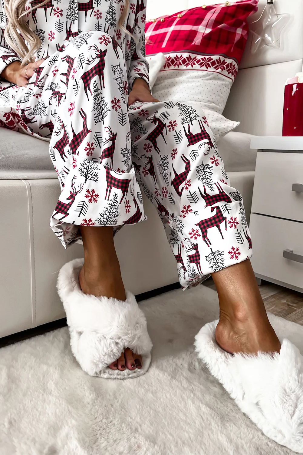 White Christmas Printed Shirt and Pants Pajama Set - loveforevers