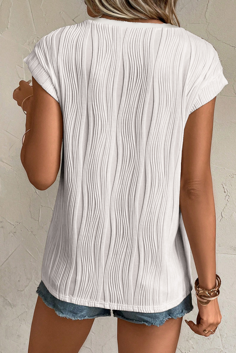 White Wavy Textured Button V Neck Tee - loveforevers