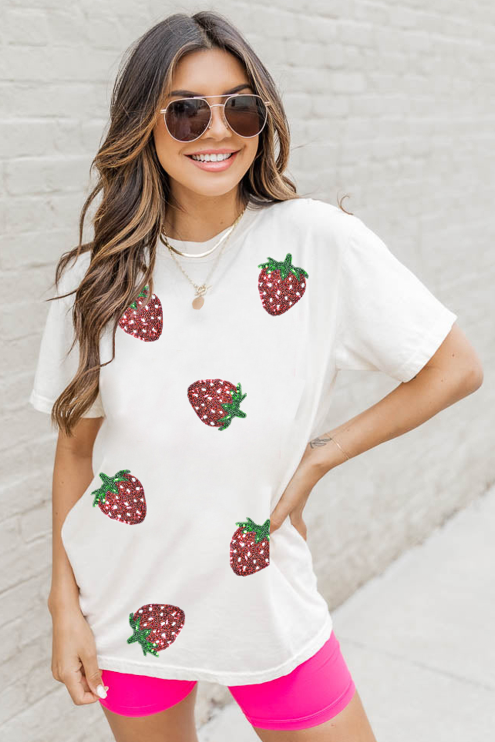 White Sequin Bow Strawberry Graphic Crew Neck T Shirt - loveforevers