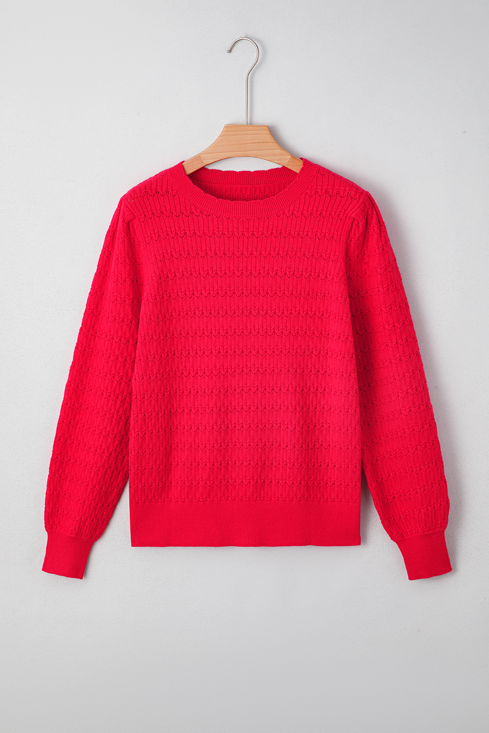 Fiery Red Trendy Pattern Knit Ribbed Cuffs Crew Neck Sweater - loveforevers