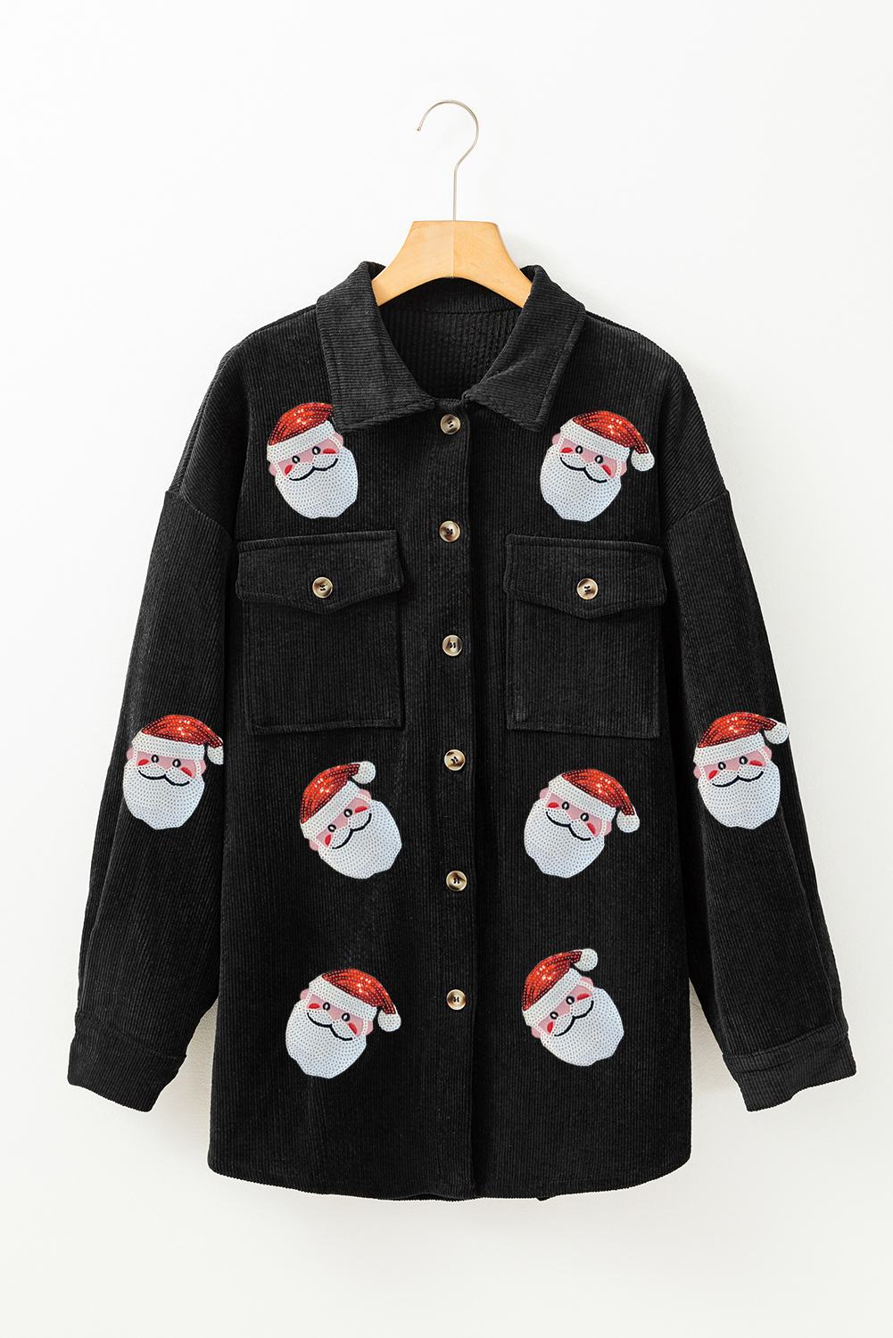Black Sequin Father Christmas Graphic Button Down Ribbed Shacket - loveforevers