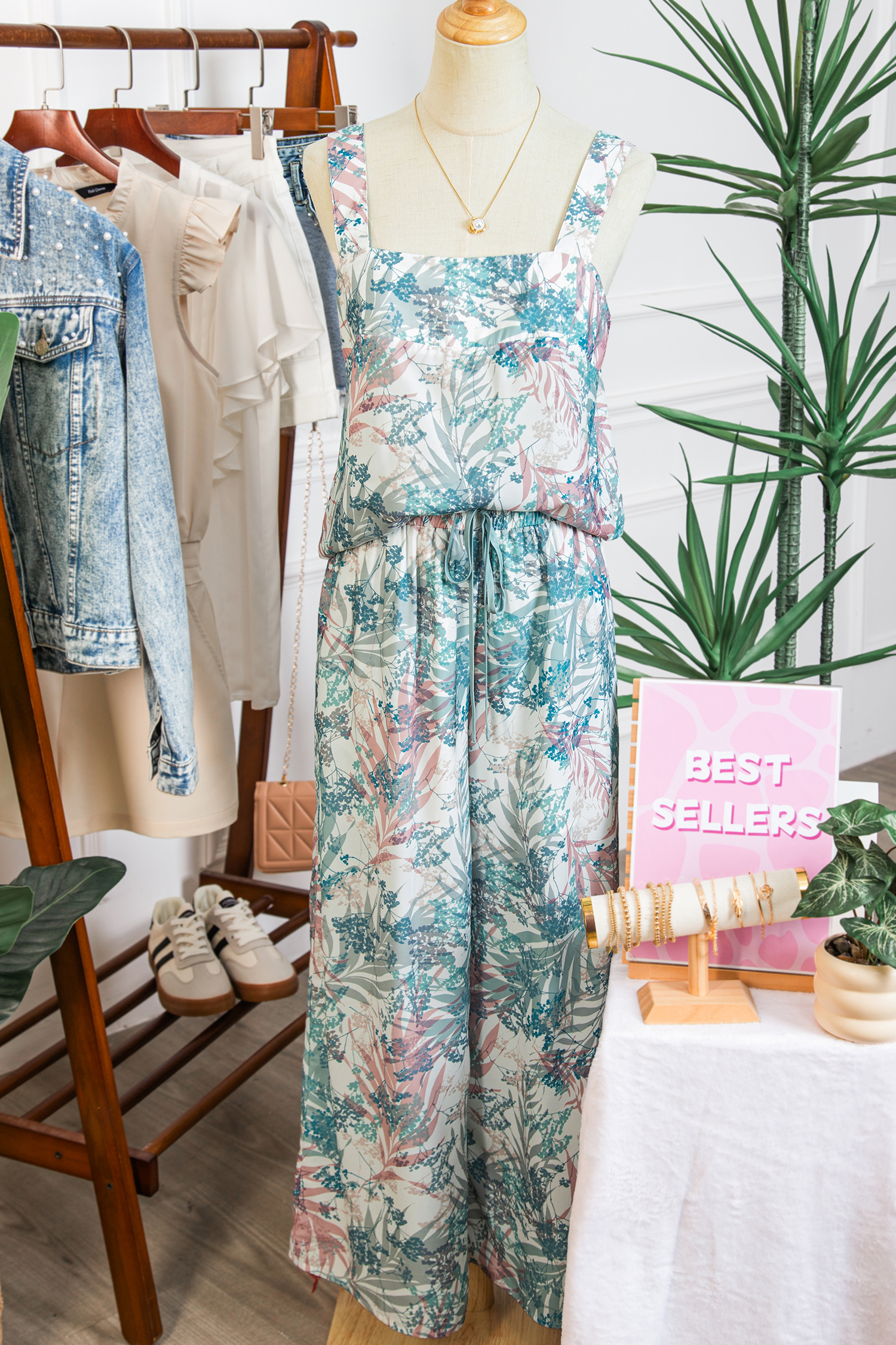 Green Tropical Palm Printed Cropped Tank Drawstring Wide Leg Pant Set - loveforevers
