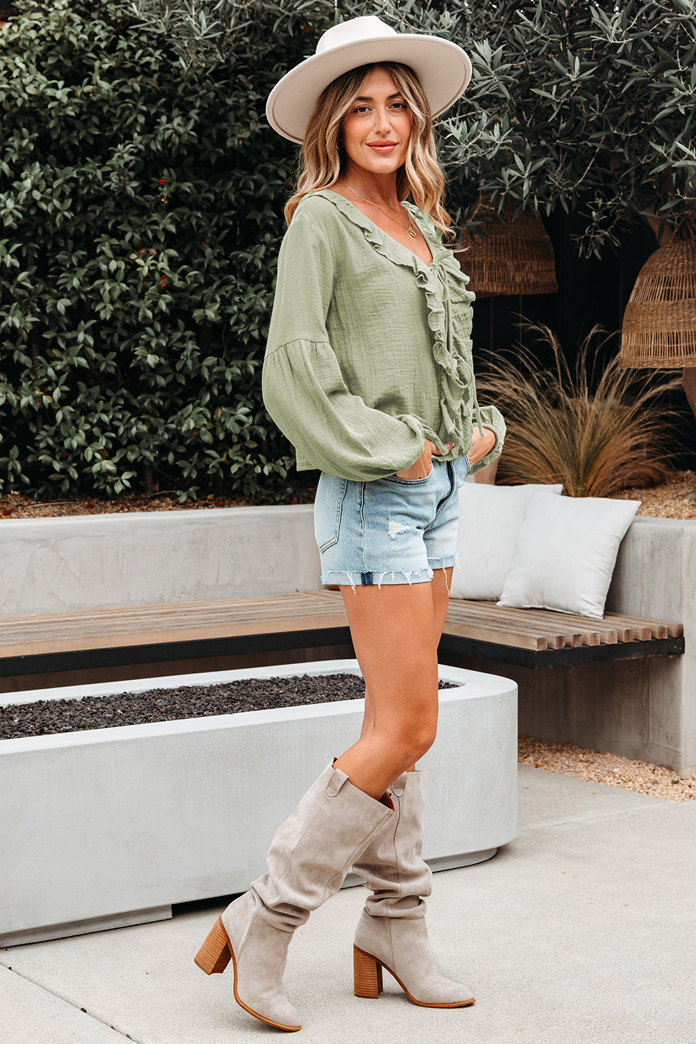 Meadow Mist Green Bow Tie Front Ruffle Trim V Neck Long Sleeve Gauze Blouse - loveforevers