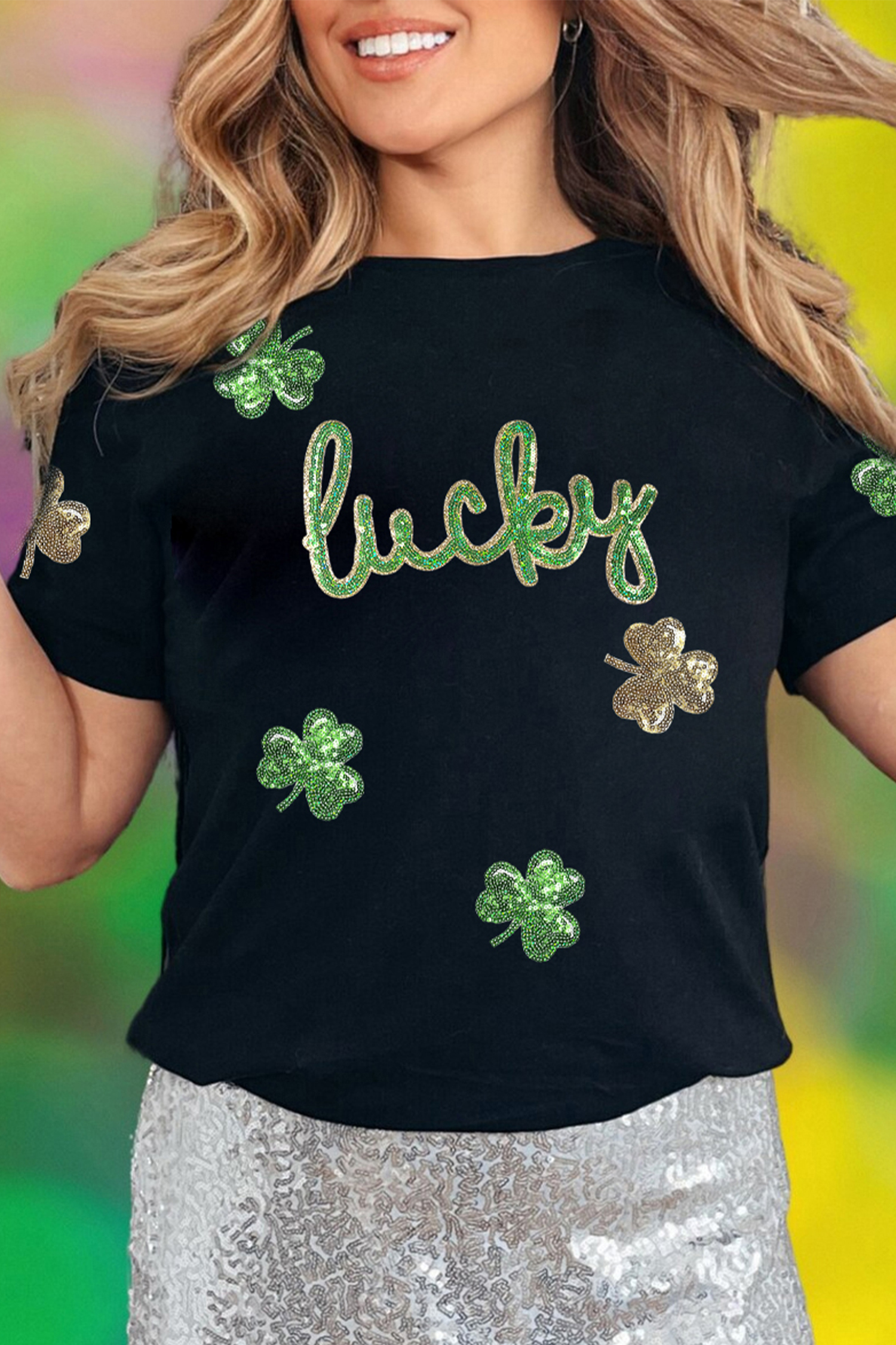 Black Lucky Sequin Shamrock Irish Festive Graphic Tee - loveforevers