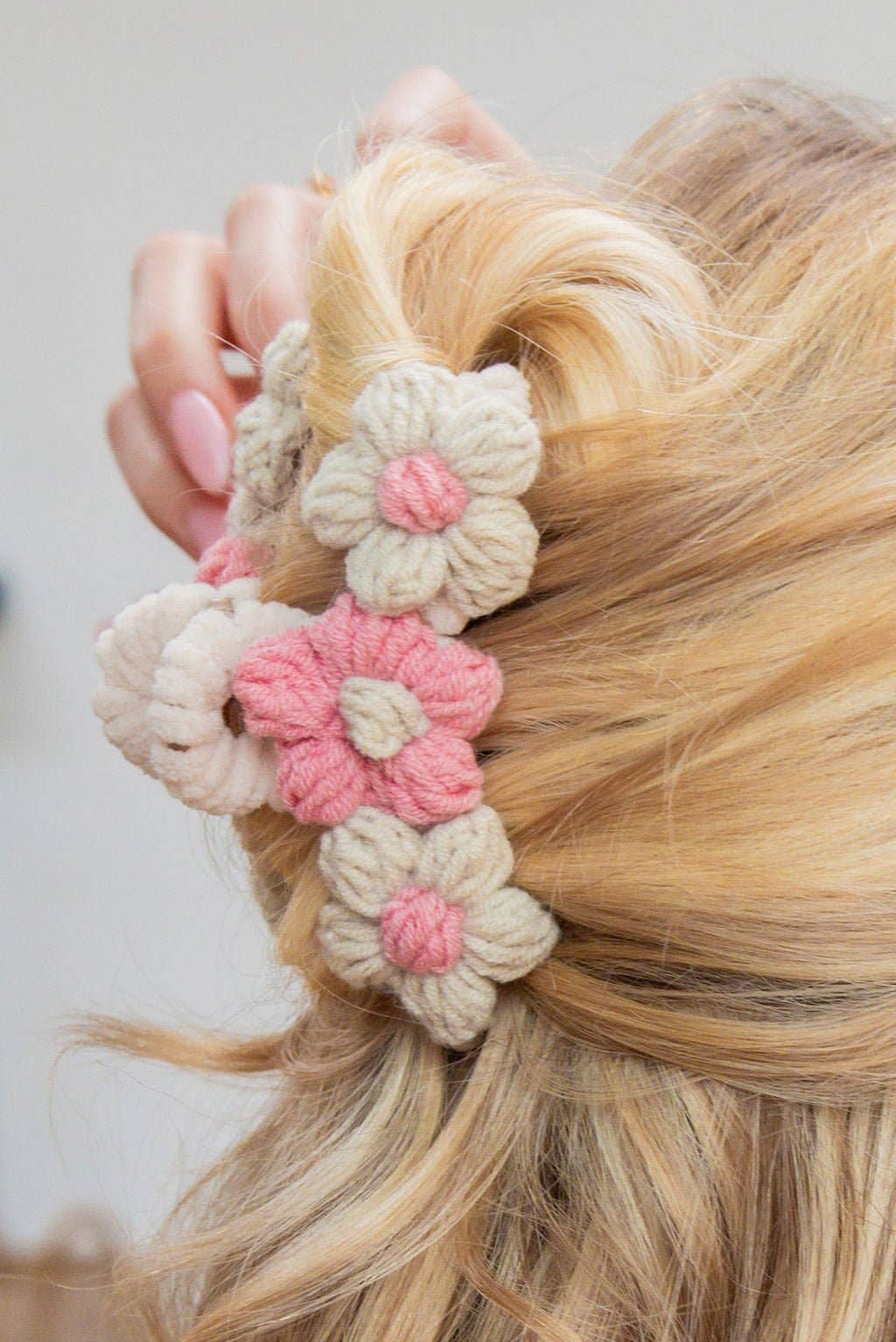 Pink Flower Crochet Cover Large Hair Claw Clip - loveforevers