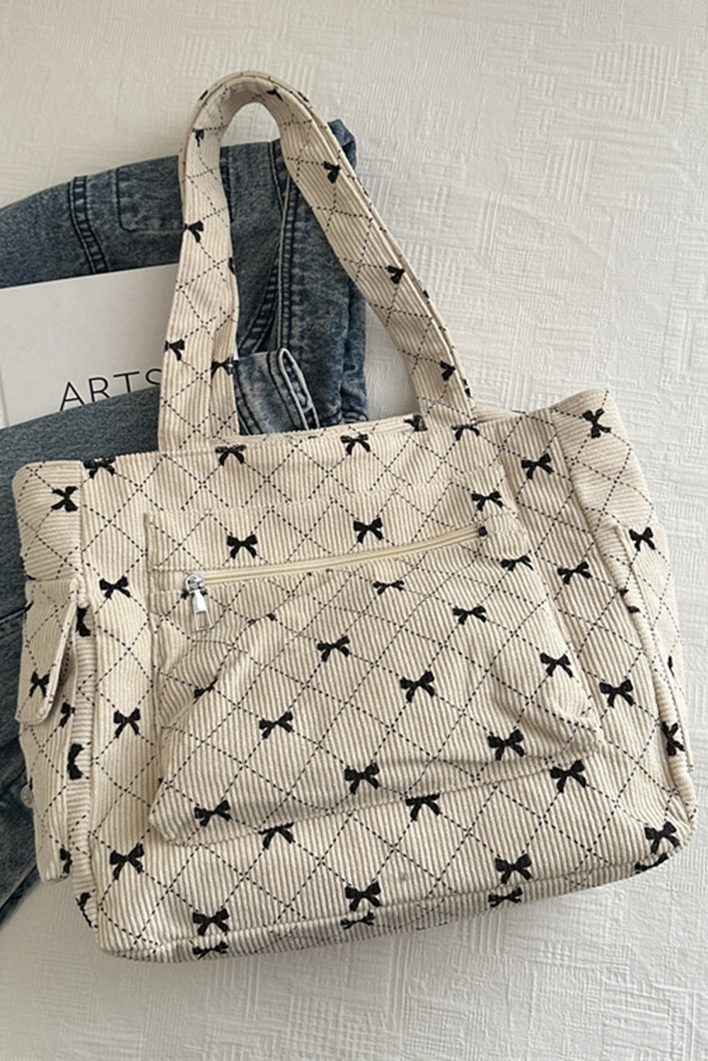 White Bow Knot Plaid Print Large Tote Bag - loveforevers