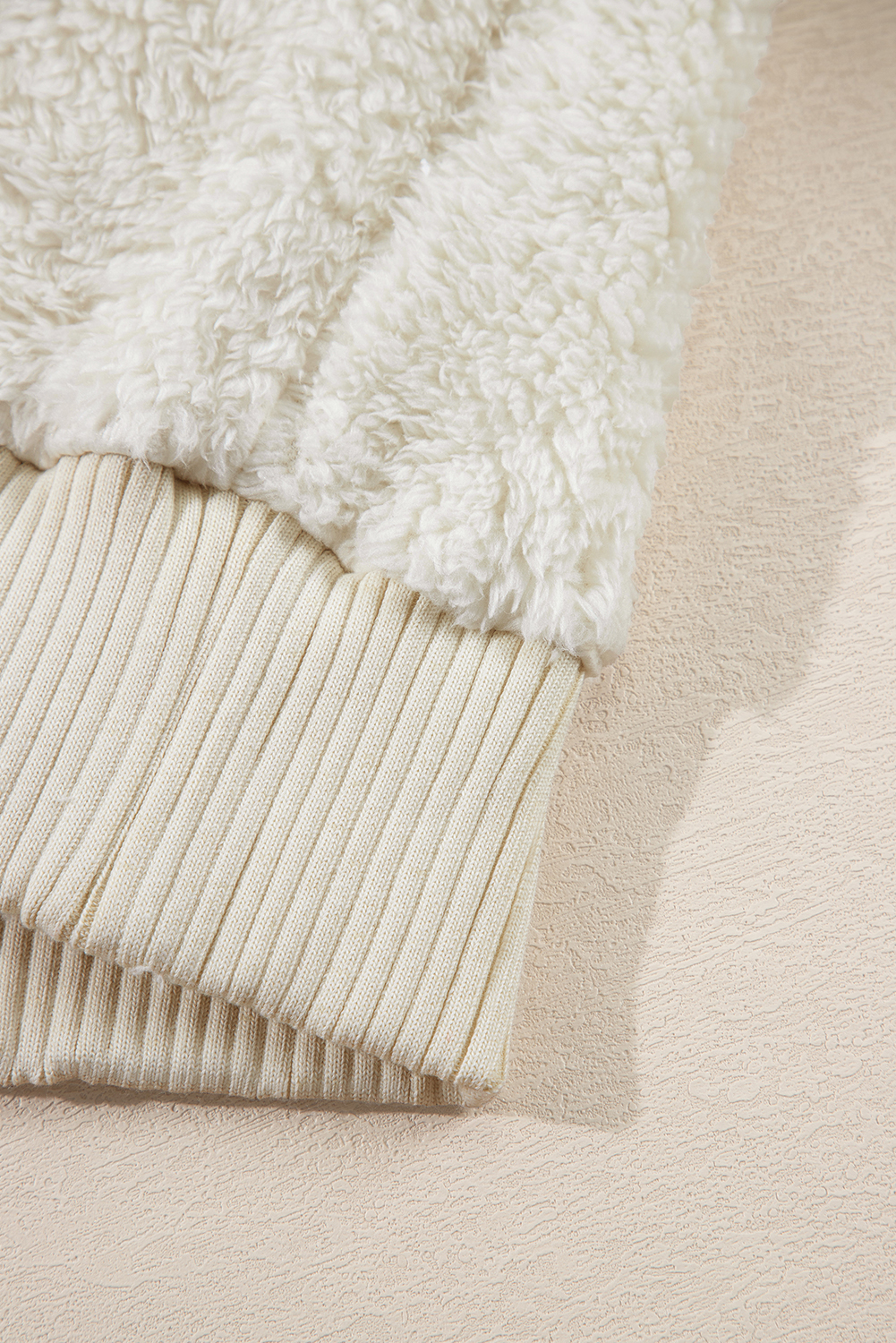White Contrast Ribbed Edge Plush Hoodie - loveforevers