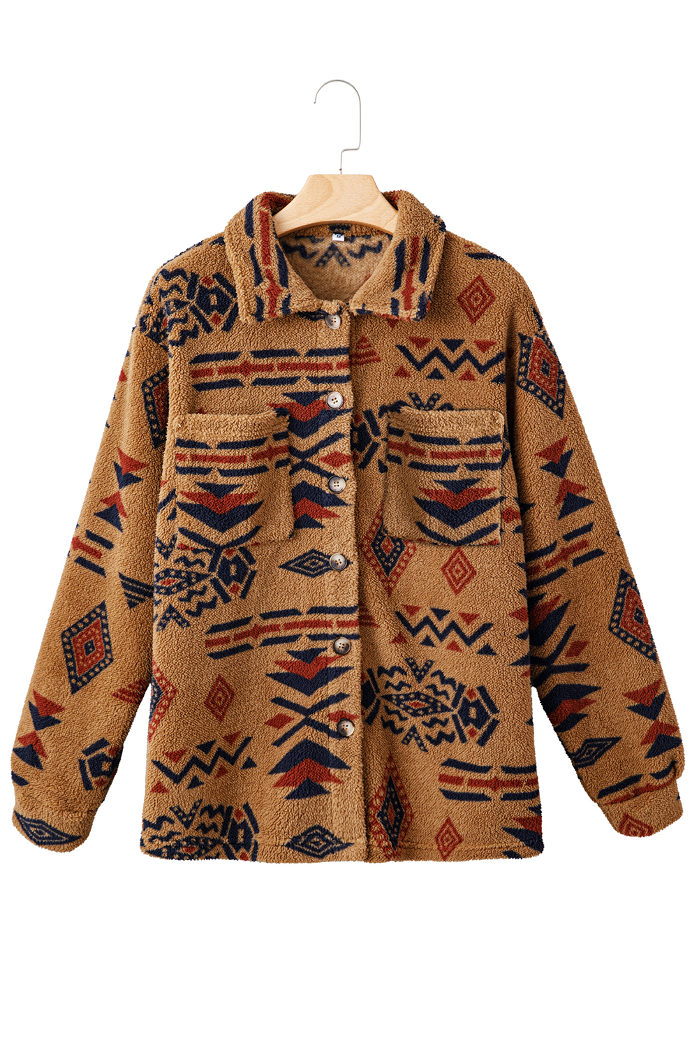 Khaki Western Aztec Pattern Fleece Shacket - loveforevers