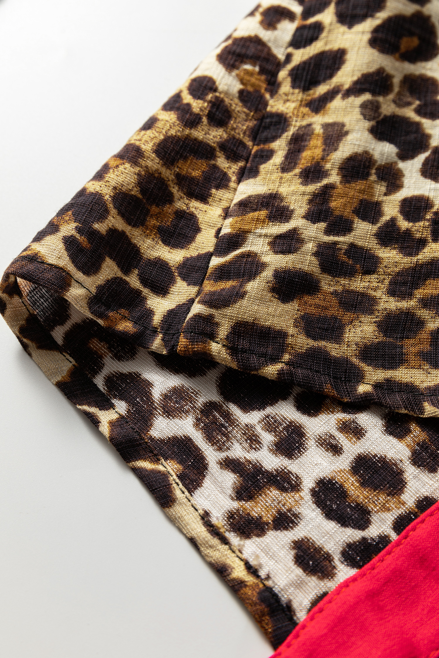 Brown Fierce Leopard Allure Contrast Ruffle Trim V Neck Shirt - loveforevers