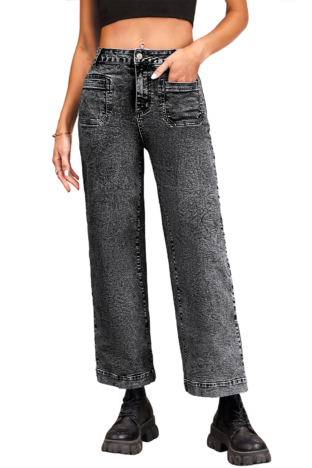 Light Blue Chic Patch Pocket Straight Leg Loose Jeans - loveforevers