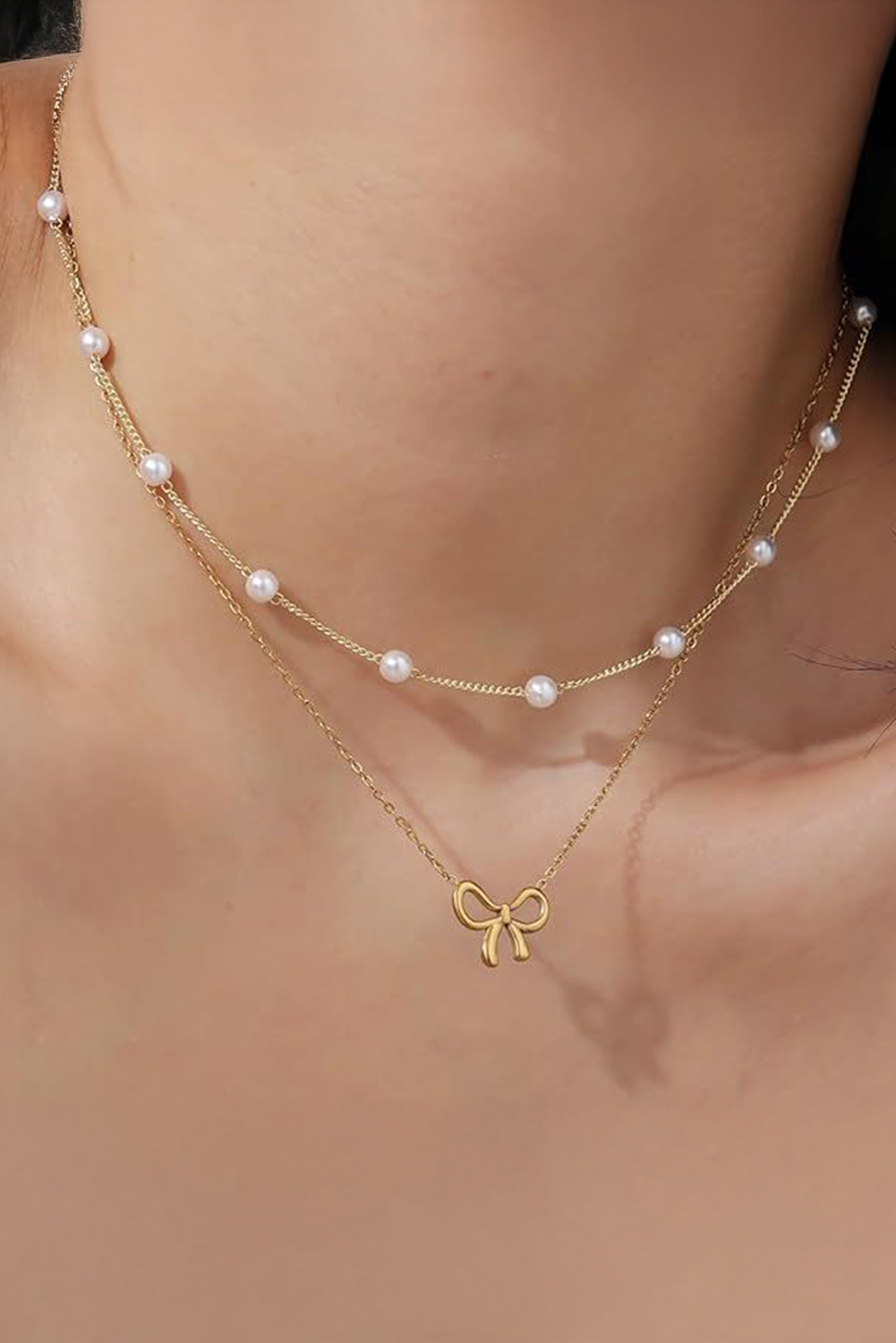 Gold Bow Pendant Pearl Beads Double Layer Necklace - loveforevers