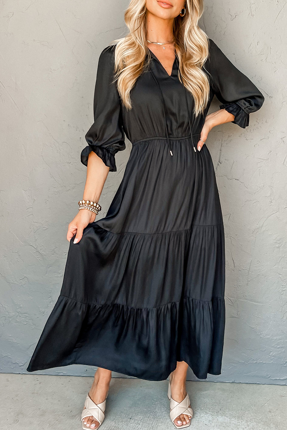 Black Flounced Bracelet Sleeve V Neck Tiered Maxi Dress - loveforevers