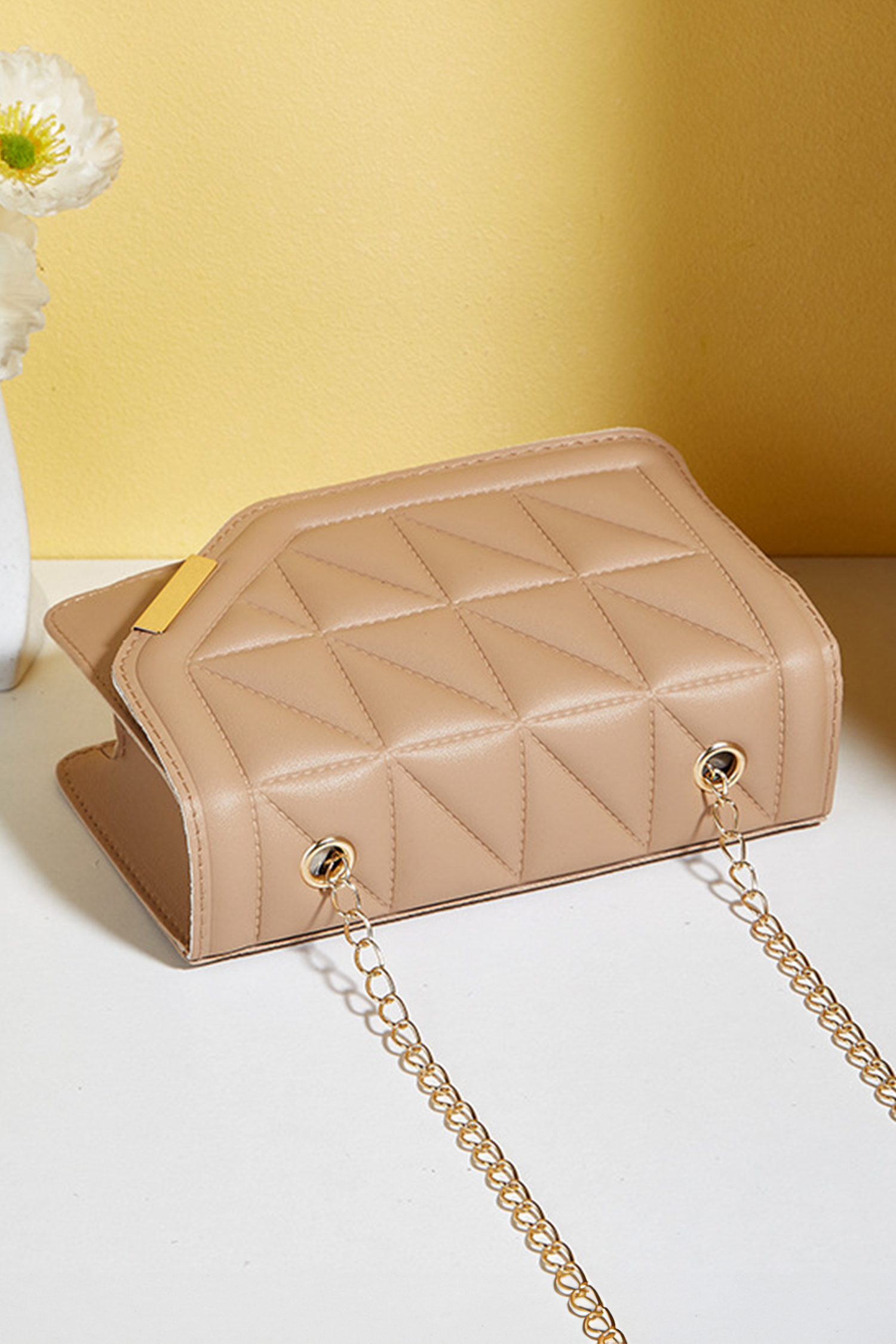 Khaki PU Leather Quilted Texture Asymmetric Cover Chain Strap Square Shoulder Bag - loveforevers