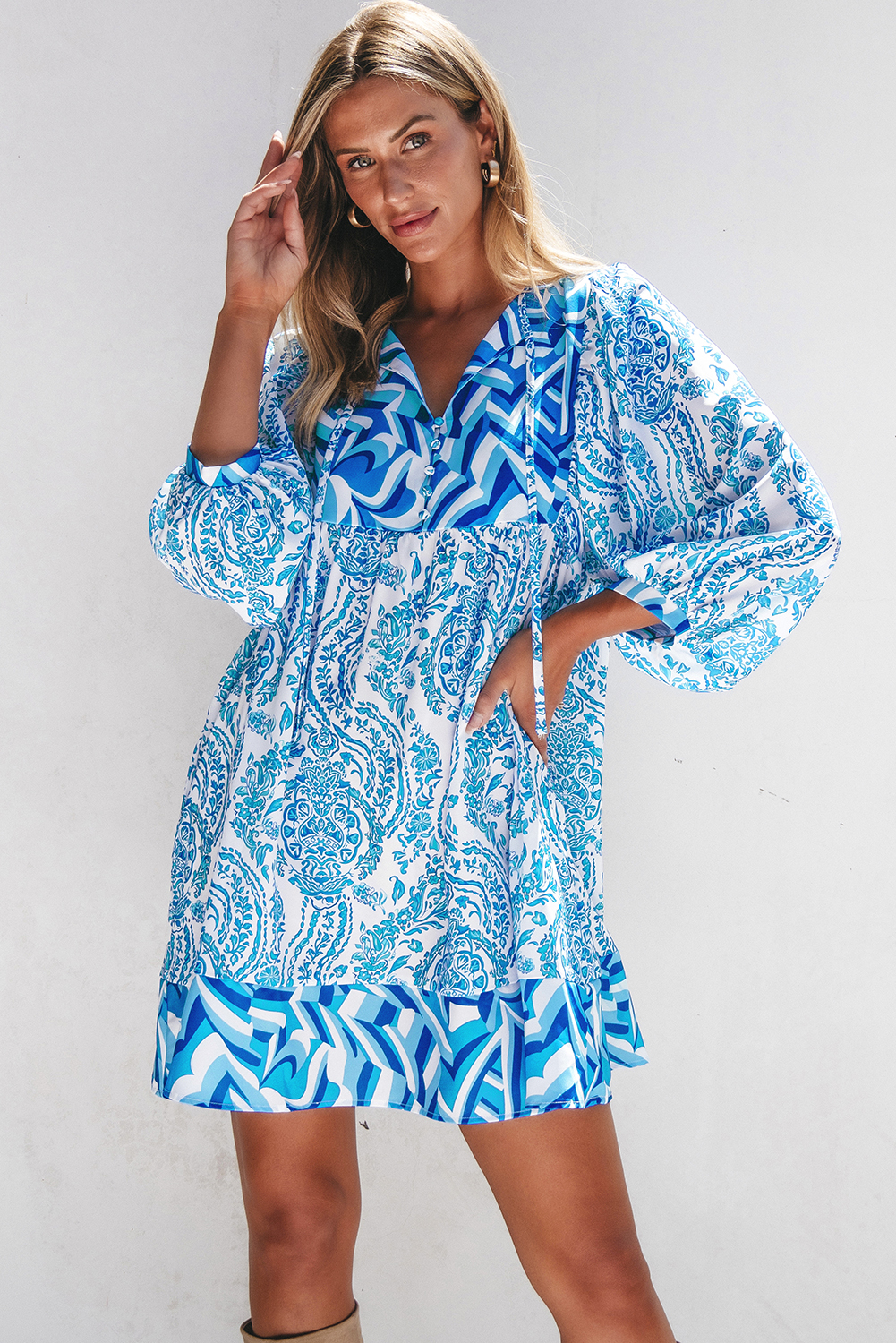 Sky Blue Bohemian Print Puff Sleeve Tied V Neck Flared Mini Dress - loveforevers