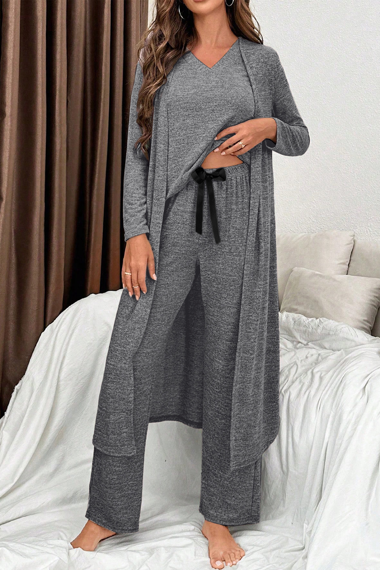 Delicacy 3pcs V Neck T Shirt Ribbon Knot Pants Open Duster 3pcs Lounge Set - loveforevers