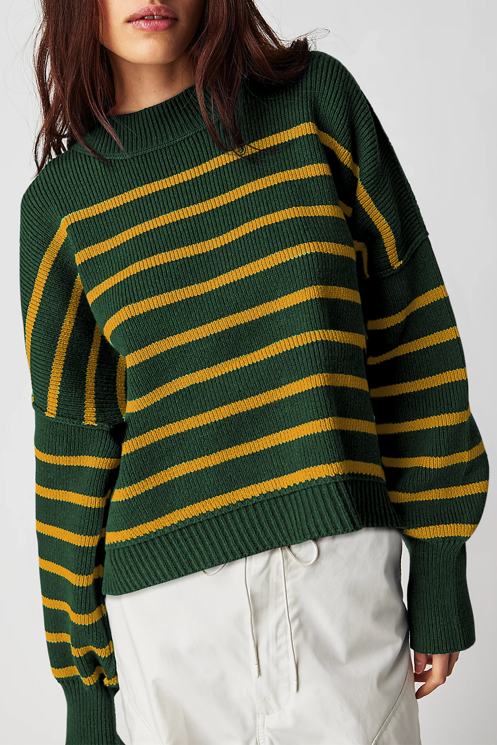 Green Stripe Ribbed Drop Shoulder Baggy Sweater - loveforevers