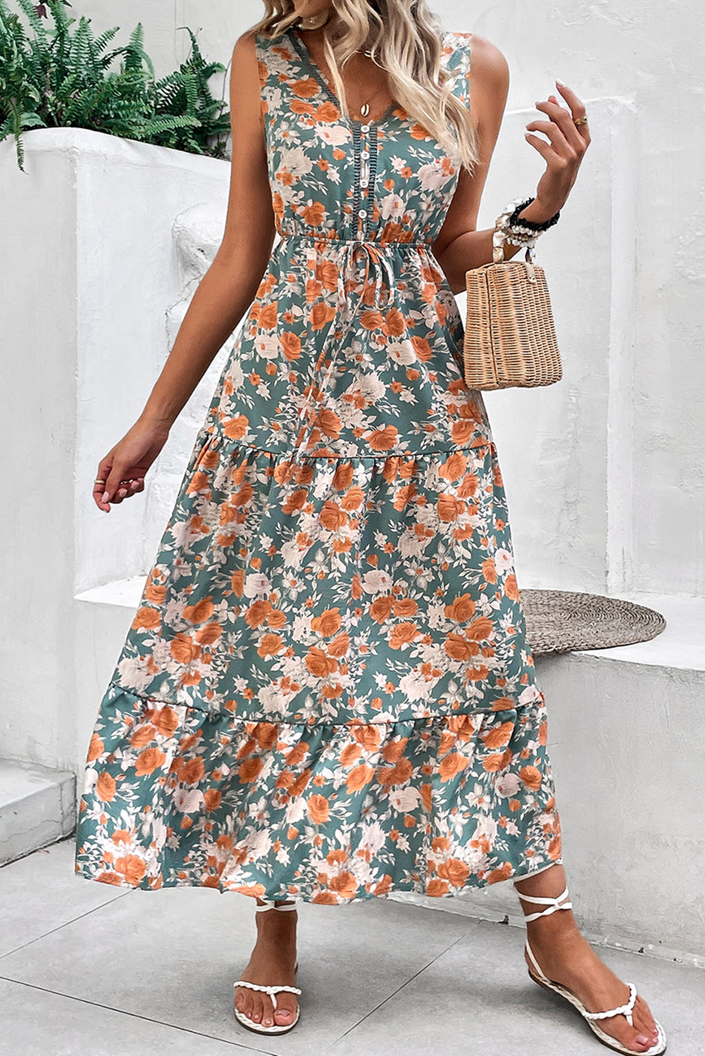 Green Floral Print Trimmed V Neck Tie Waist Sleeveless Holiday Long Dress - loveforevers