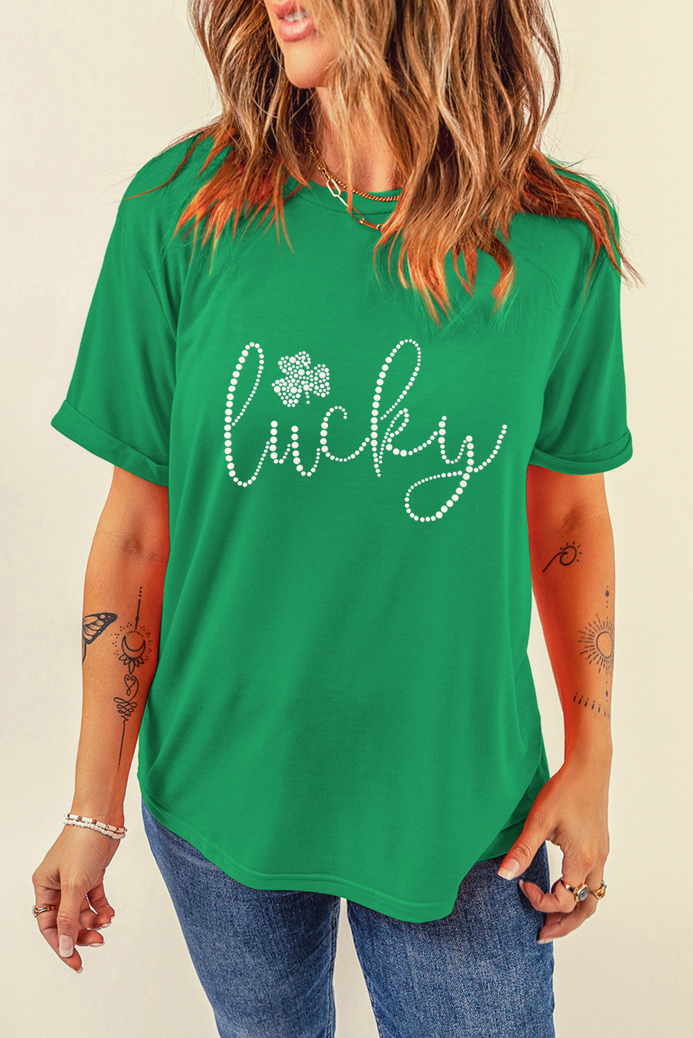 Bright Green Ceramic Rhinestone Lucky Clover Graphic Tee - loveforevers