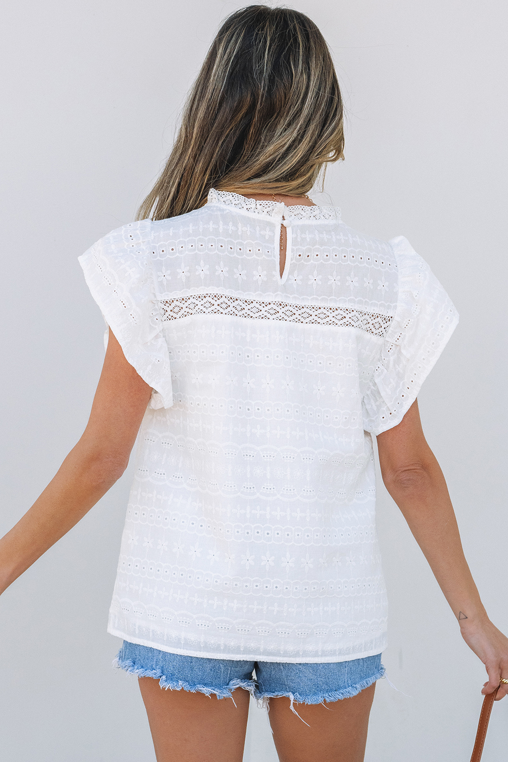 White Lace Neckline Flutter Sleeve Eyelets Blouse - loveforevers