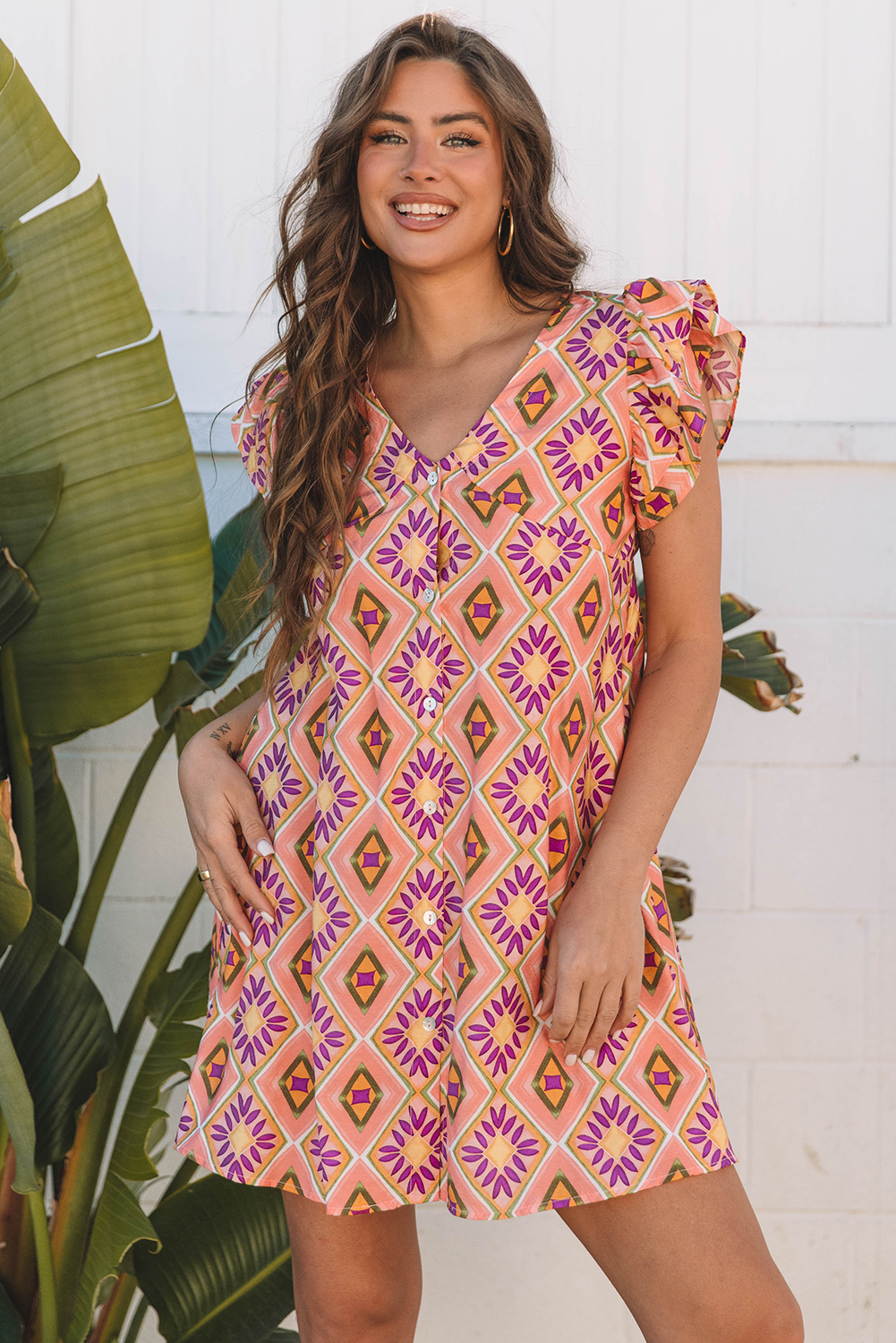 Orange Geometric Floral V Neck Buttoned Ruffled Sleeve Mini Dress - loveforevers
