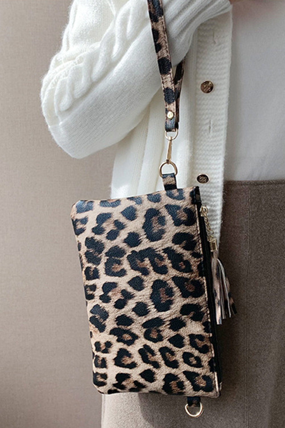 Chestnut Leopard/Cow Print Wrist Strap Zipped Wallet - loveforevers