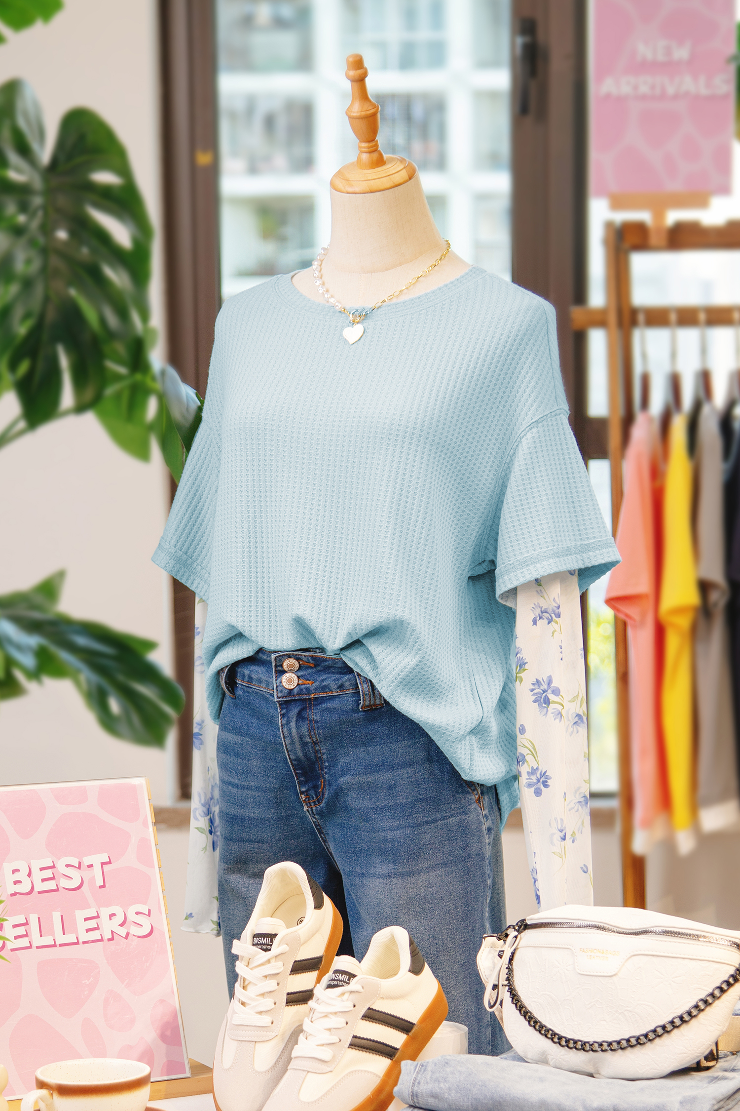 Beau Blue Floral Lace Sleeve Patchwork Waffle Fake Two-piece Top - loveforevers