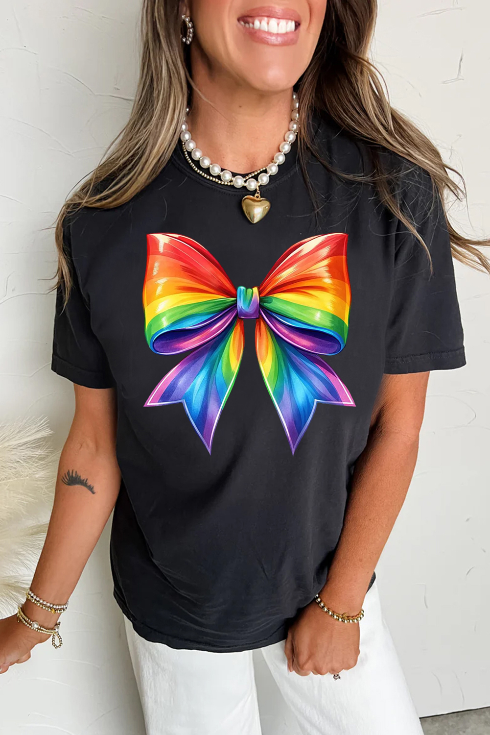 Black Pride Bow Graphic Round Neck T Shirt - loveforevers