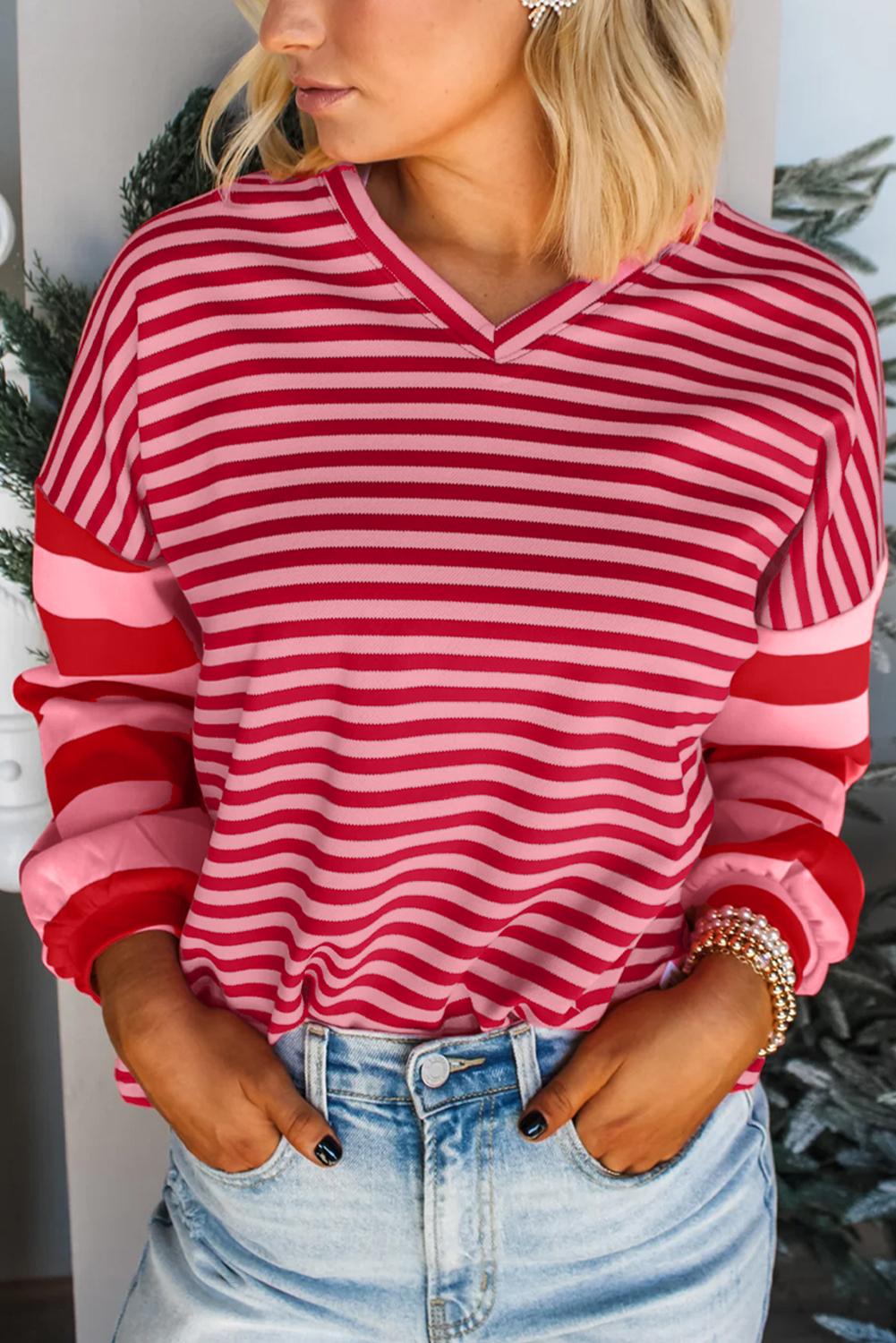 Strawberry Pink Mix Striped Drop Shoulder Patchwork Sleeve V Neck Pullover - loveforevers