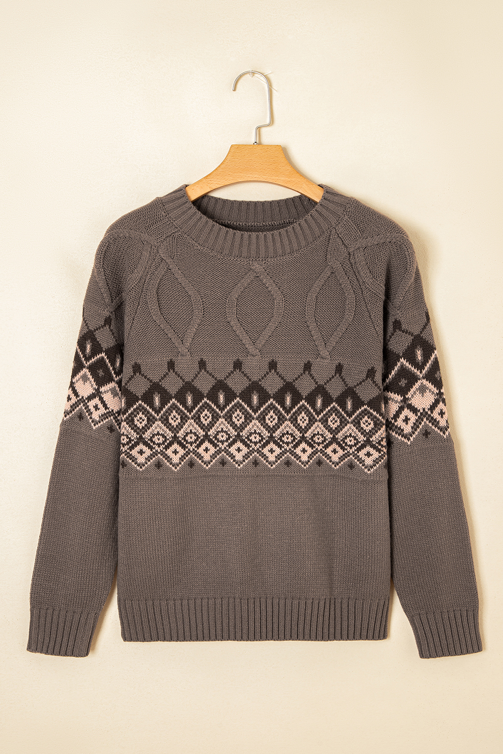 Light French Beige Western Geometric Patterned Crew Neck Knitted Sweater - loveforevers