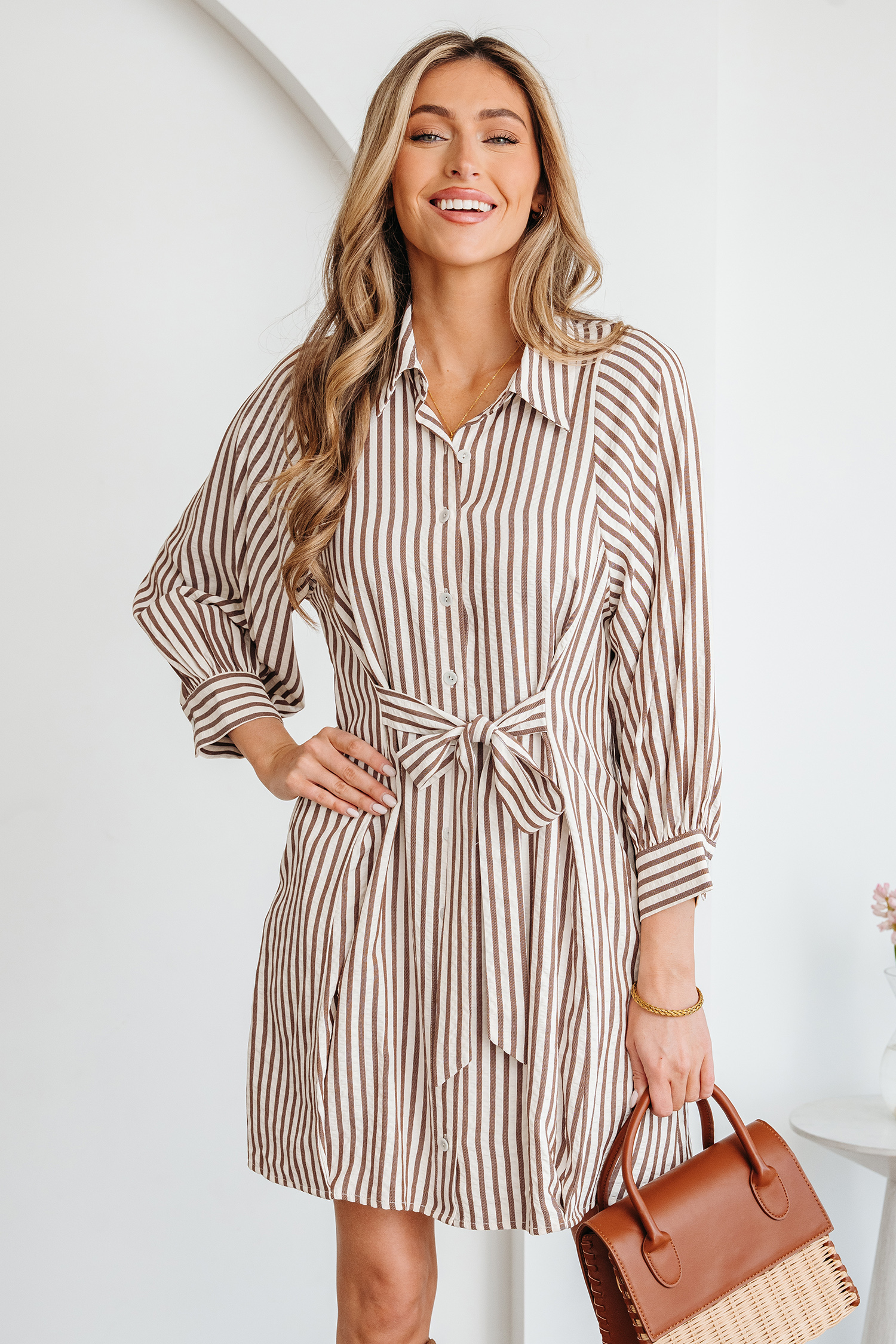 Brown Stripe Knot Waist Puff Sleeve Button Down Mini Shirt Dress - loveforevers