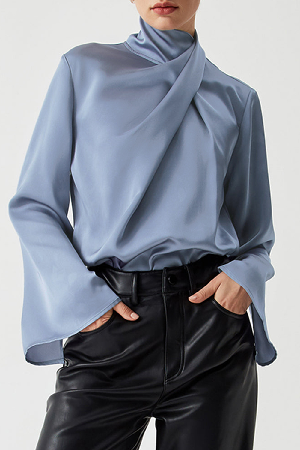 Ivy Asymmetric Pleated Turtleneck Bell Sleeve Blouse - loveforevers