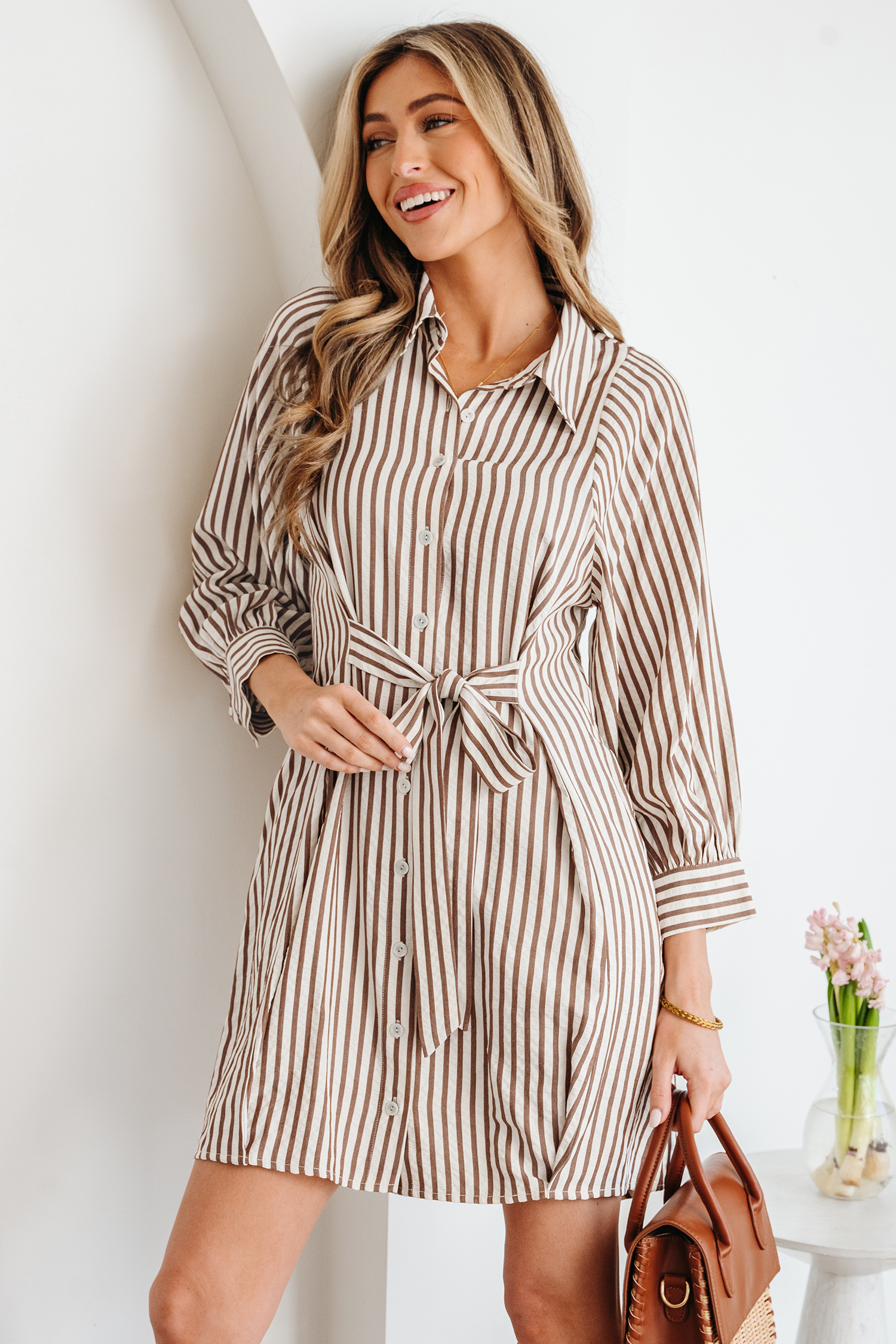 Brown Stripe Knot Waist Puff Sleeve Button Down Mini Shirt Dress - loveforevers