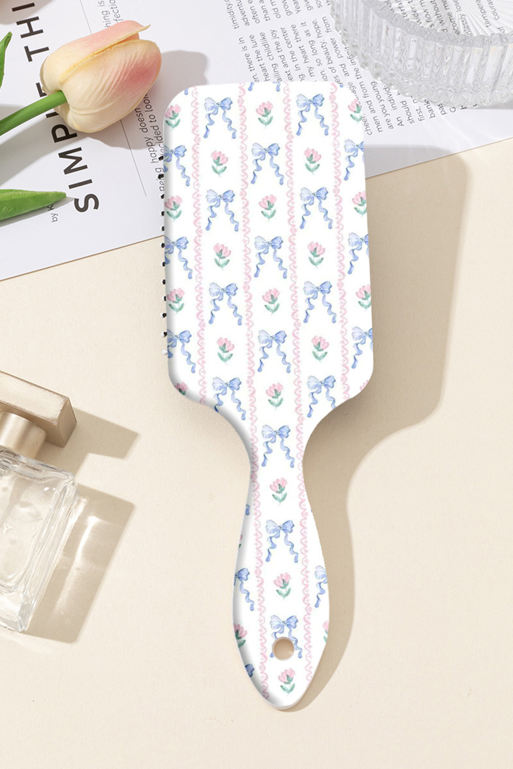 Iceland Blue Flower Bow Print Large Paddle Air Cushion Comb - loveforevers