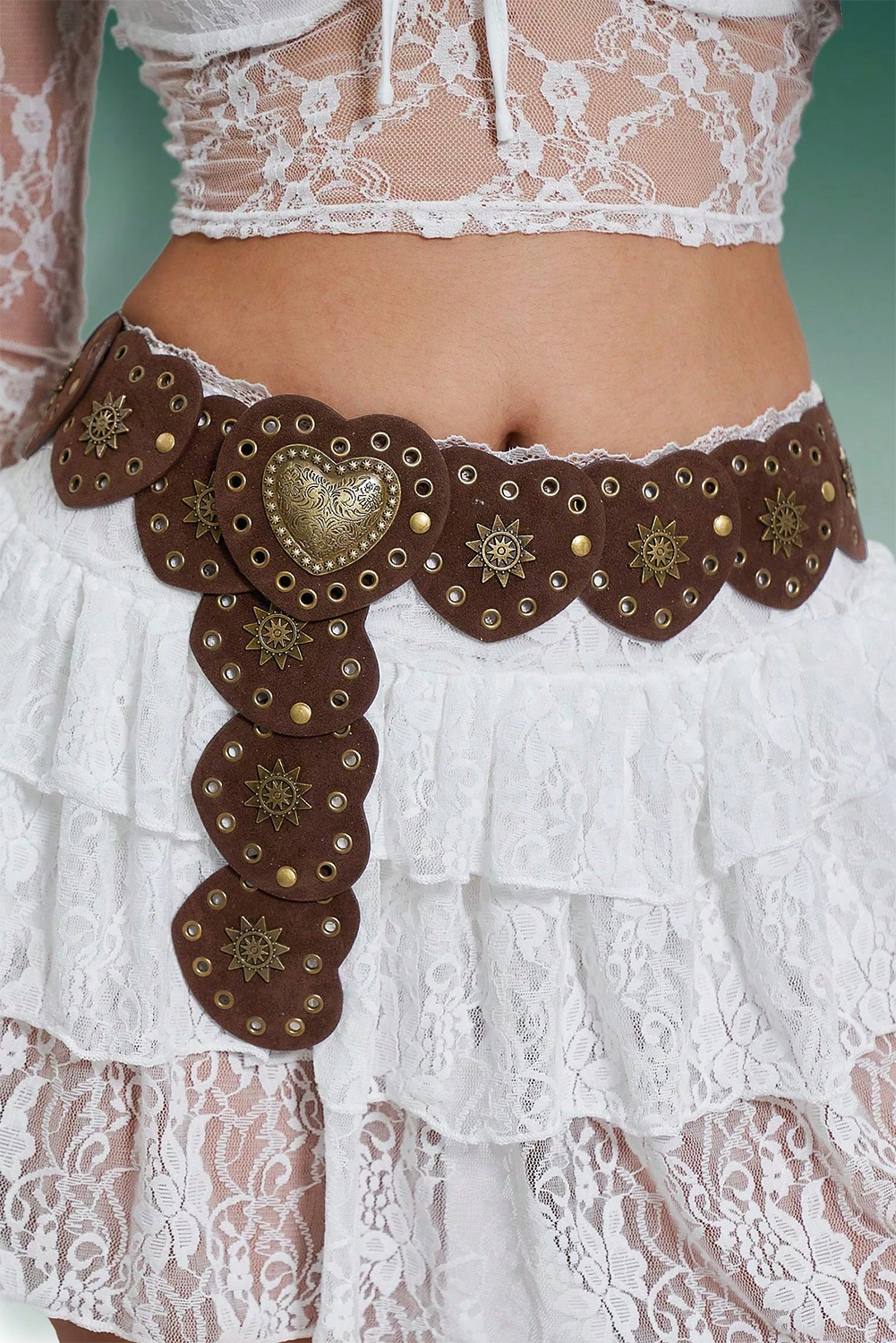 Coffee Bohemian Vintage Bronze Detail Heart Connected PU Belt - loveforevers