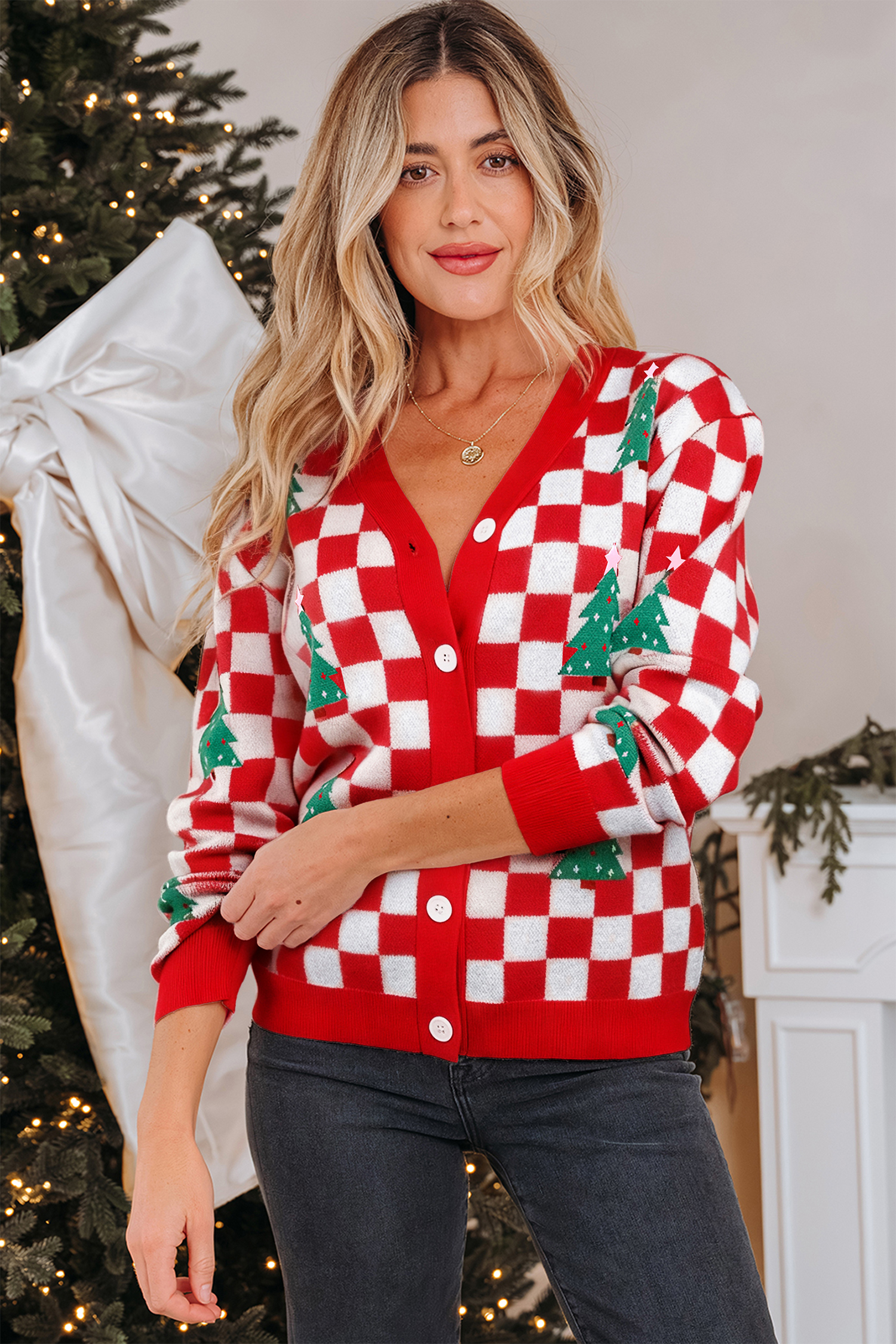 Pink Checkered Christmas Tree Pattern Button V Neck Cardigan Sweater - loveforevers