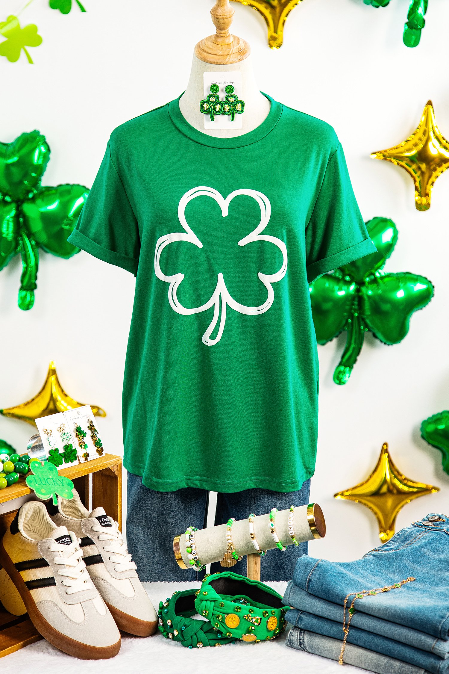 Bright Green St Patricks Day Lucky Shamrock Printed Casual Tee - loveforevers