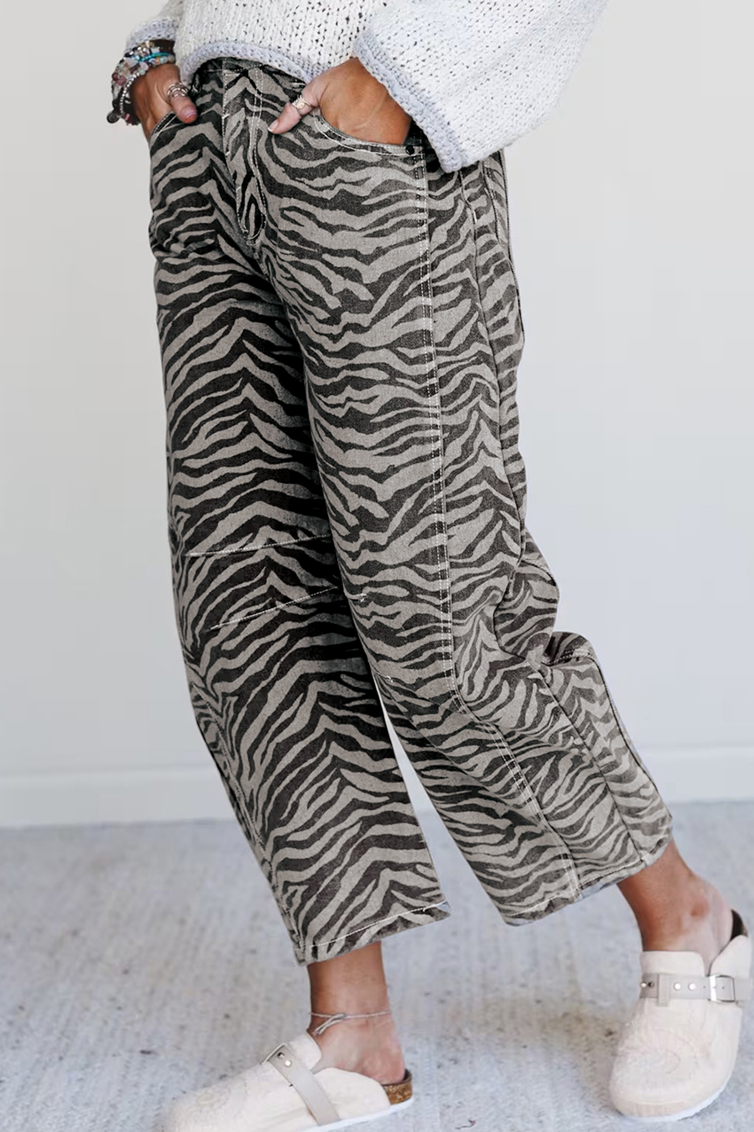 Gray Zebra Stripe Printed Wide Leg Jeans - loveforevers