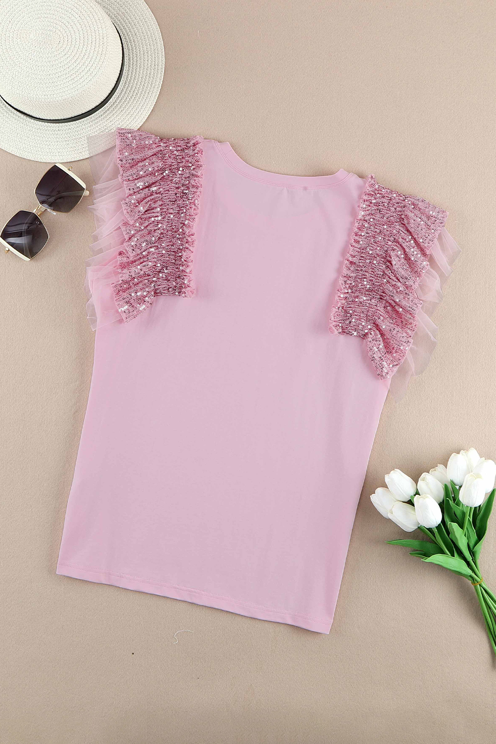 Pink Sequined Ruffle Mesh Sleeves Top - loveforevers