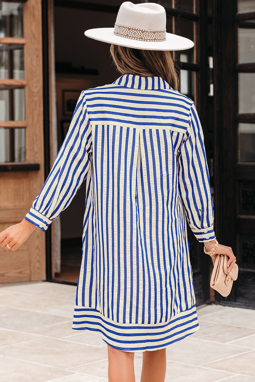 Blue Stripe Collared Half Button Side Pockets Loose Fit Mini Dress - loveforevers