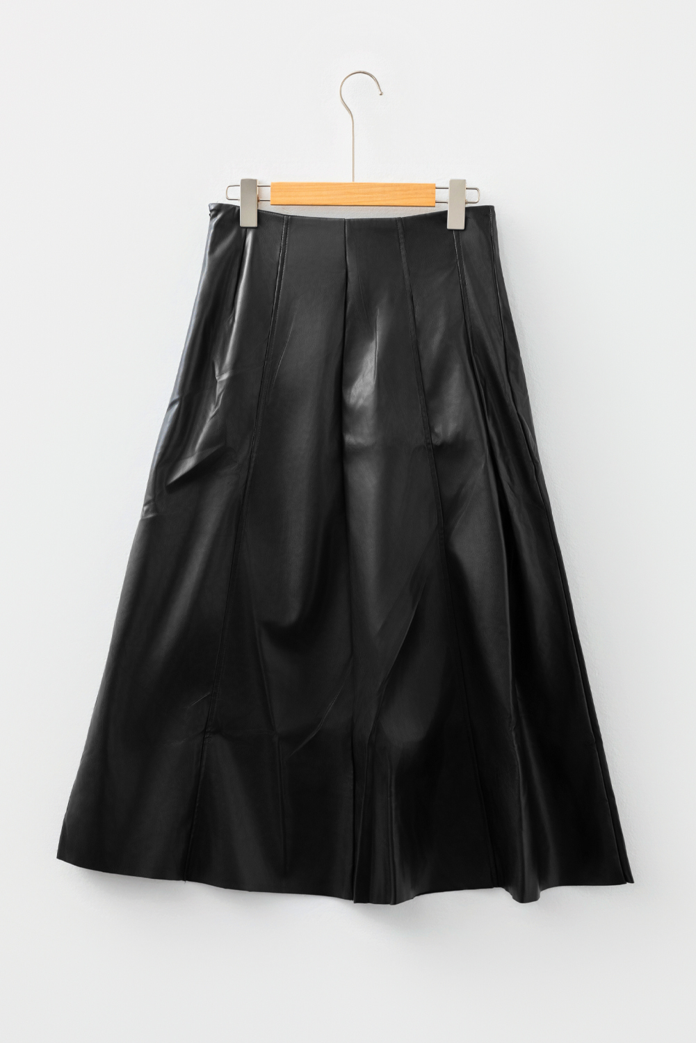 Black Faux Leather Retro Buckle Detail Pleated Stitch Flared Midi Skirt - loveforevers