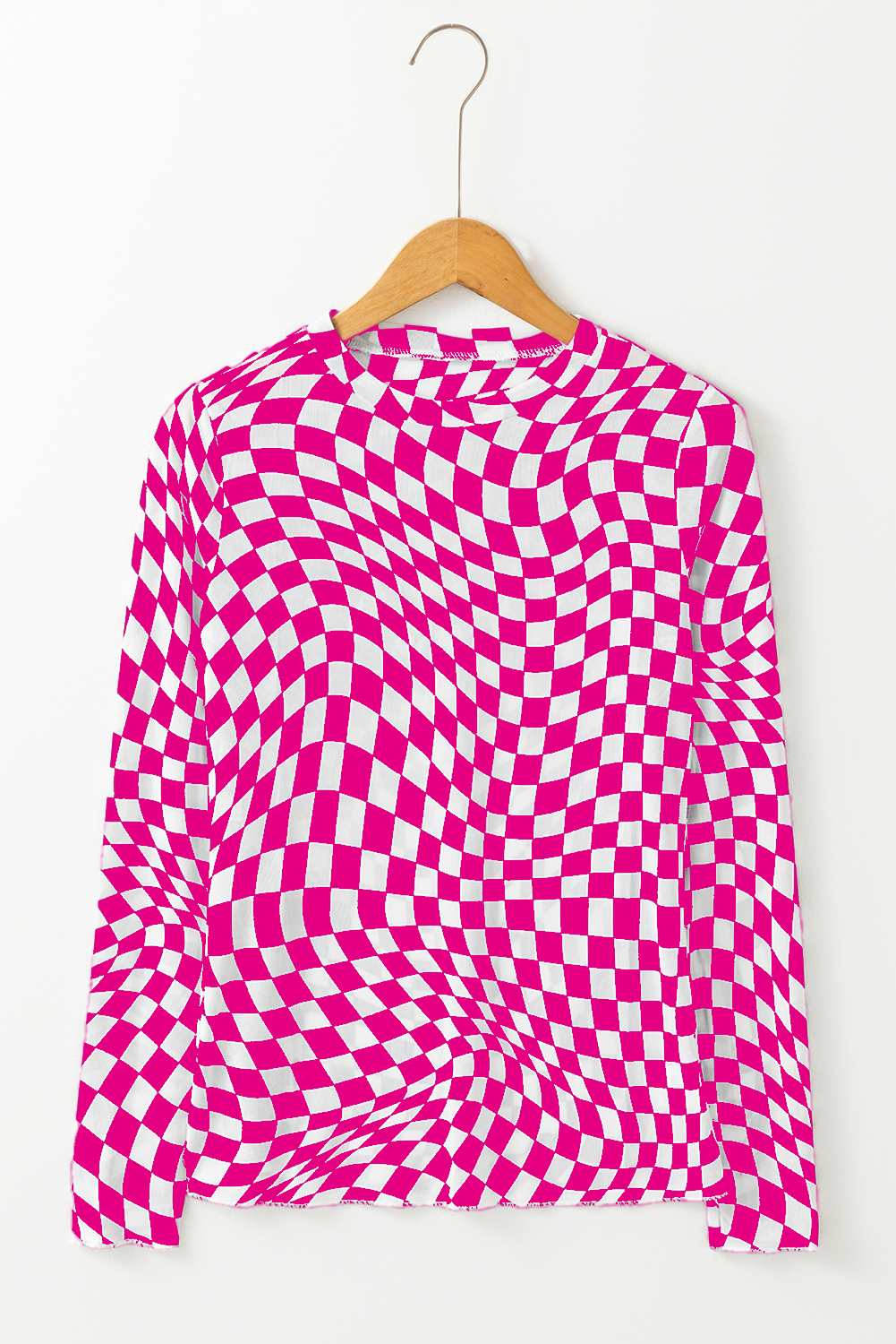 Khaki Checkered Pattern Mesh Mock Neck Long Sleeve Top - loveforevers