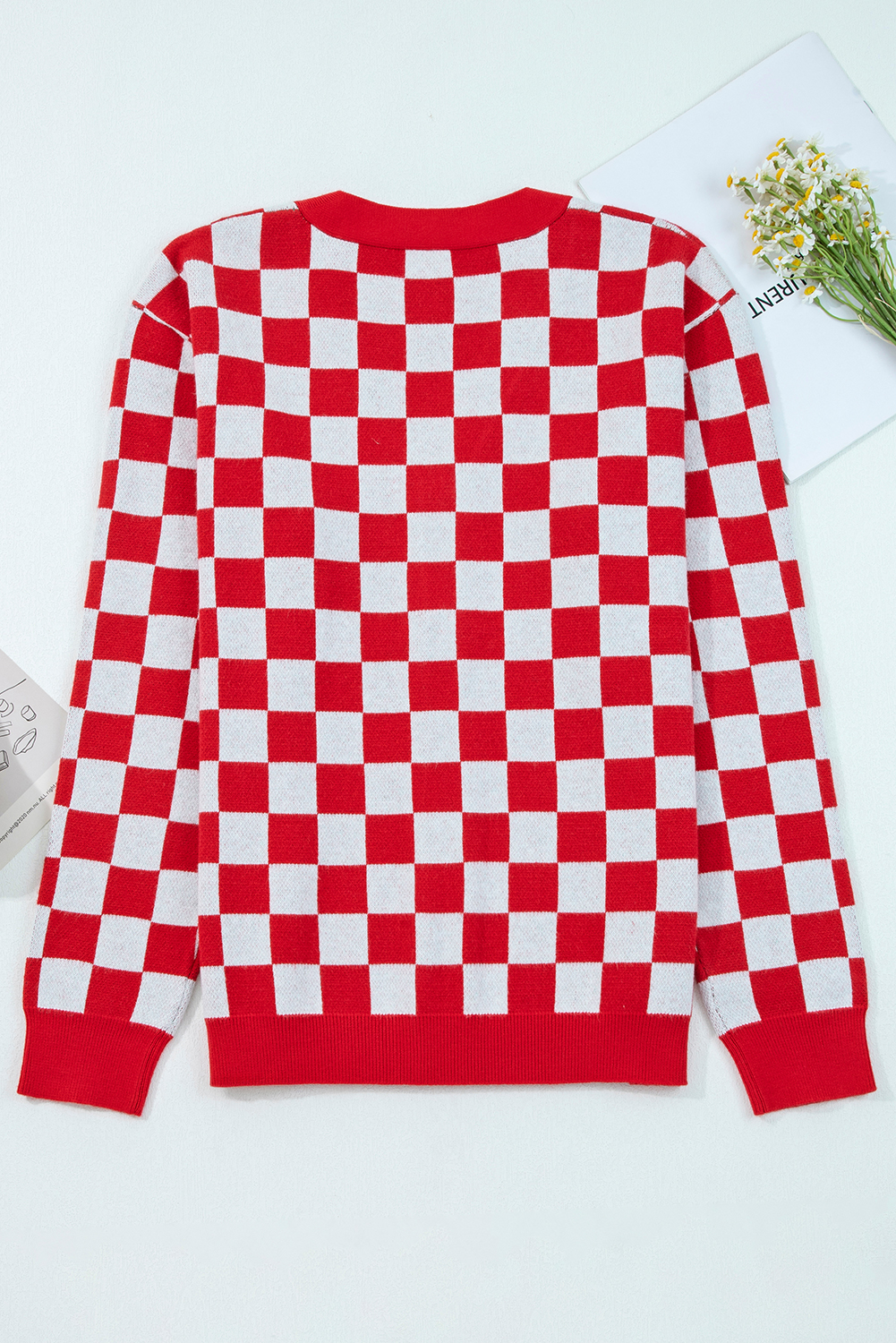 Pink Checkered Christmas Tree Pattern Button V Neck Cardigan Sweater - loveforevers